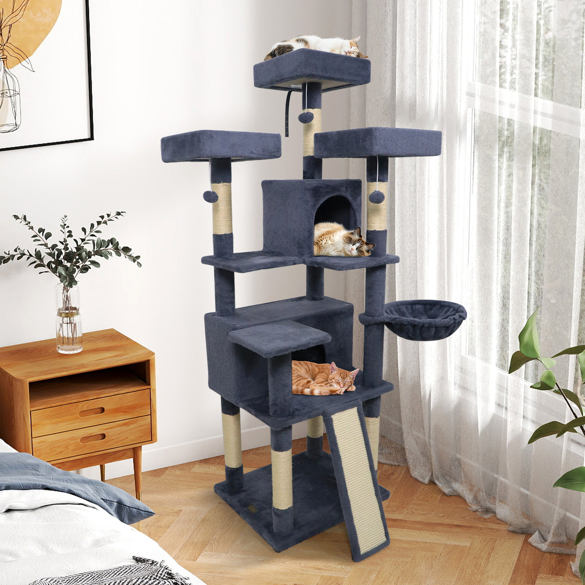 65 Inch Tall Multi-Level Cat Tree with 3 Upholstered Perches & 2 Condos - Dark Gray