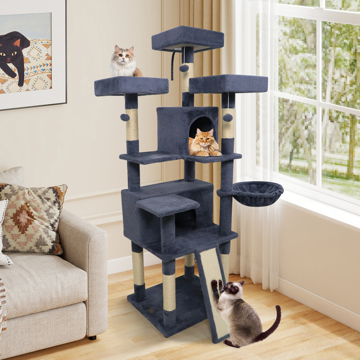 65 Inch Tall Multi-Level Cat Tree with 3 Upholstered Perches & 2 Condos - Dark Gray