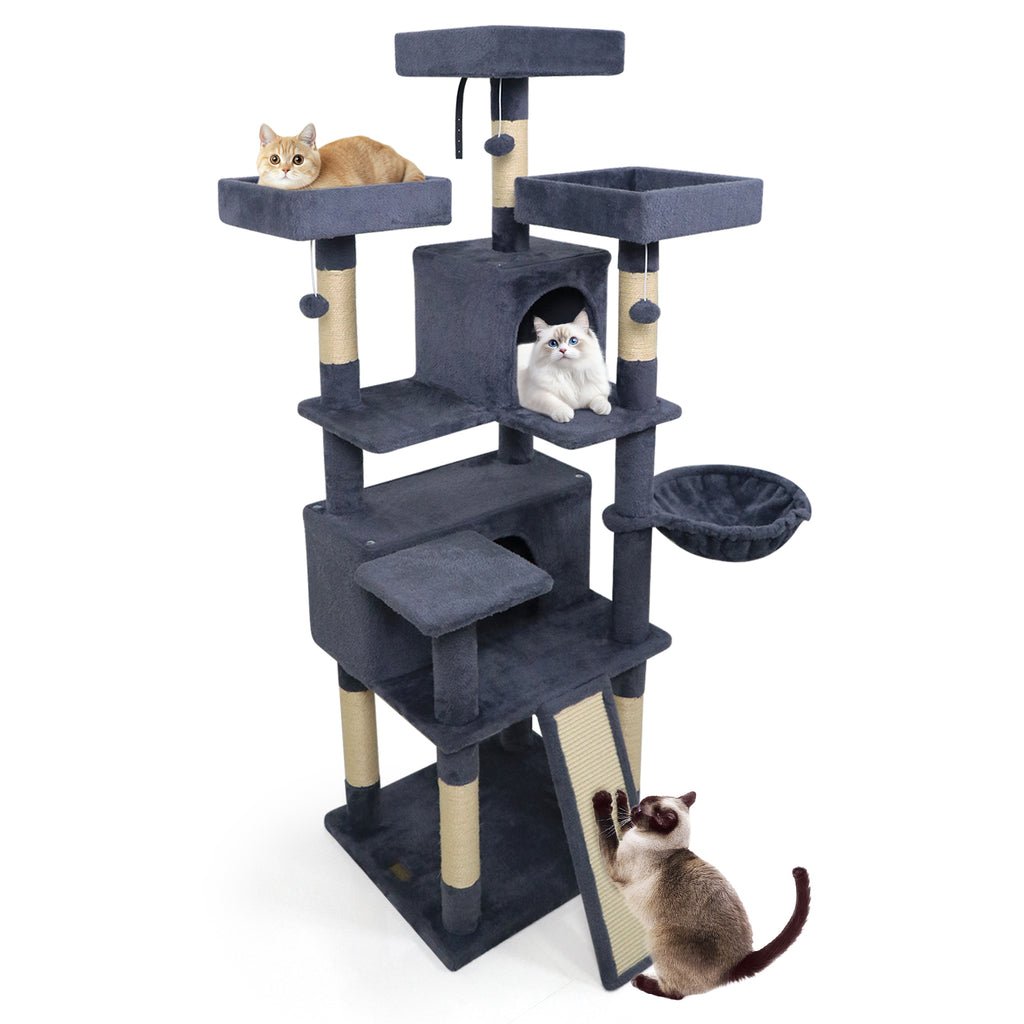 65 Inch Tall Multi-Level Cat Tree with 3 Upholstered Perches & 2 Condos - Dark Gray