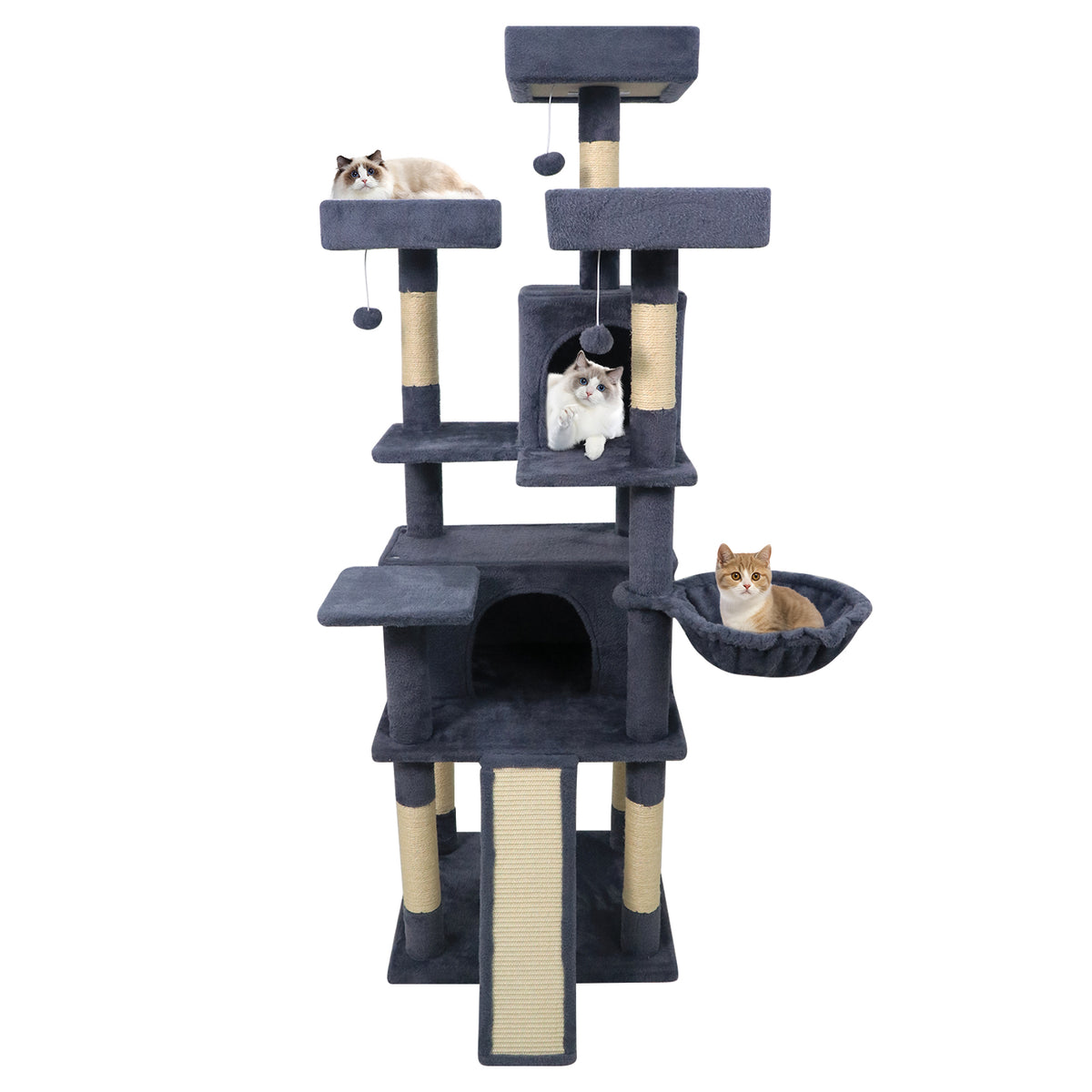 65 Inch Tall Multi-Level Cat Tree with 3 Upholstered Perches & 2 Condos - Dark Gray
