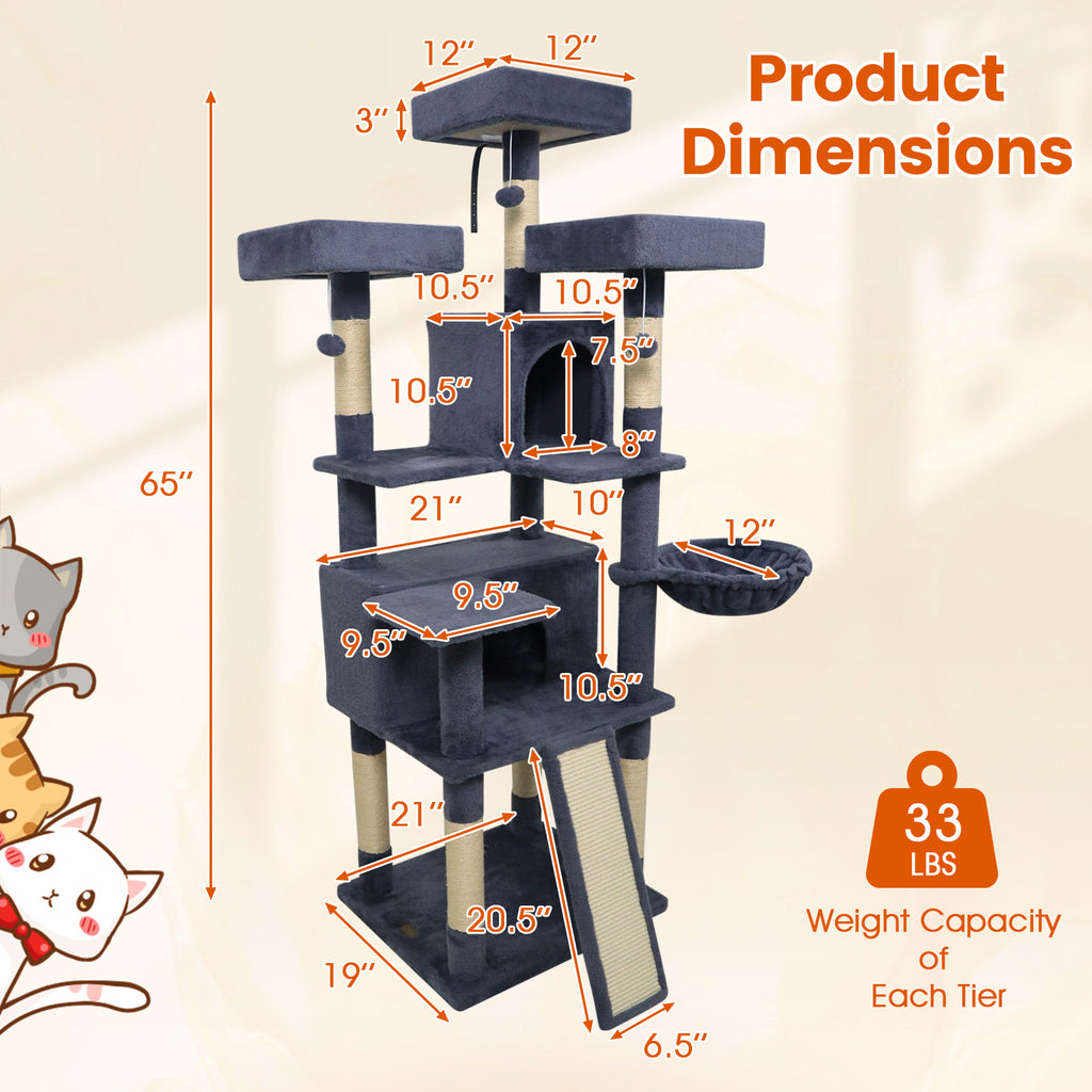 65 Inch Tall Multi-Level Cat Tree with 3 Upholstered Perches & 2 Condos - Dark Gray