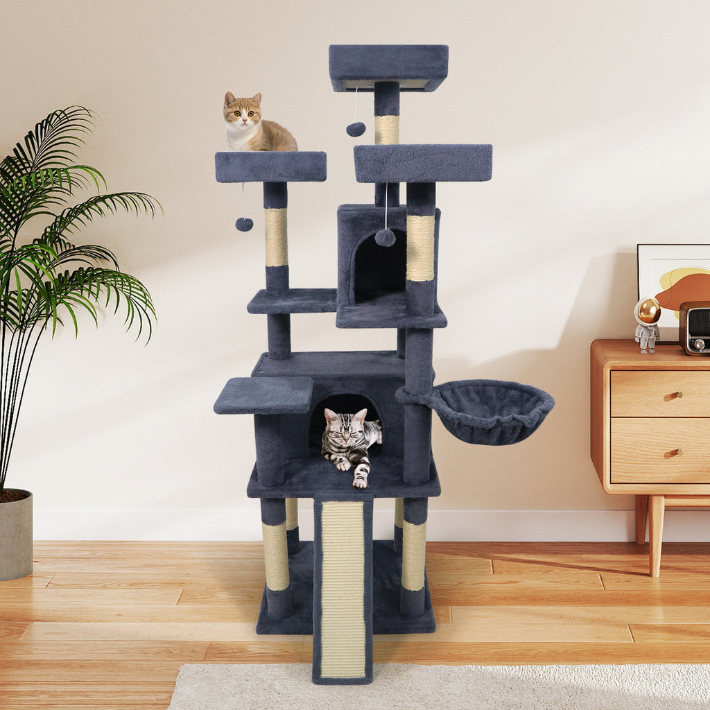 65 Inch Tall Multi-Level Cat Tree with 3 Upholstered Perches & 2 Condos - Dark Gray