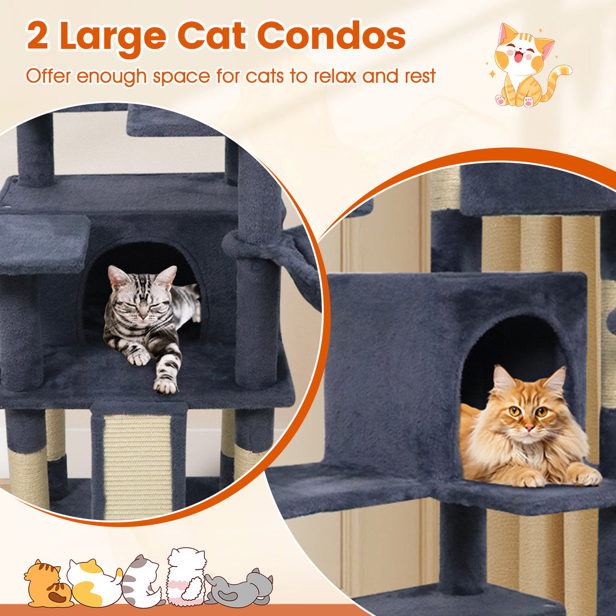 65 Inch Tall Multi-Level Cat Tree with 3 Upholstered Perches & 2 Condos - Dark Gray