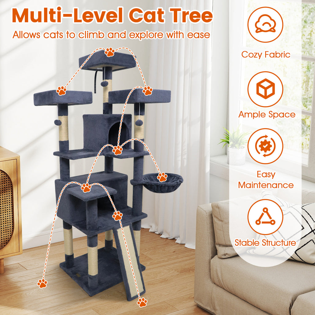 65 Inch Tall Multi-Level Cat Tree with 3 Upholstered Perches & 2 Condos - Dark Gray