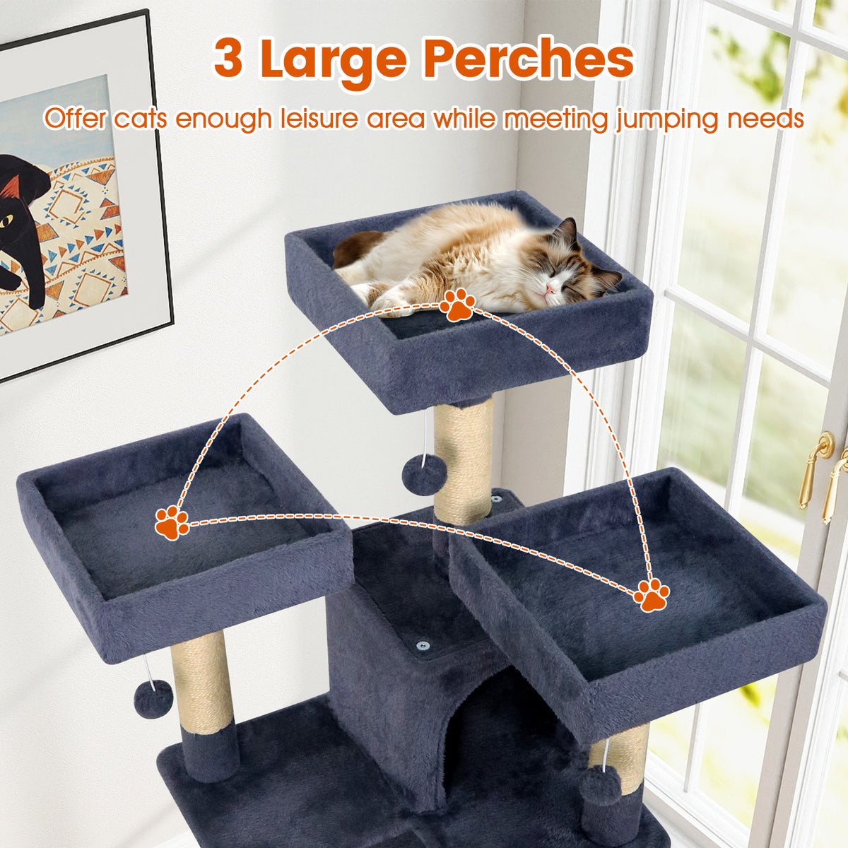 65 Inch Tall Multi-Level Cat Tree with 3 Upholstered Perches & 2 Condos - Dark Gray