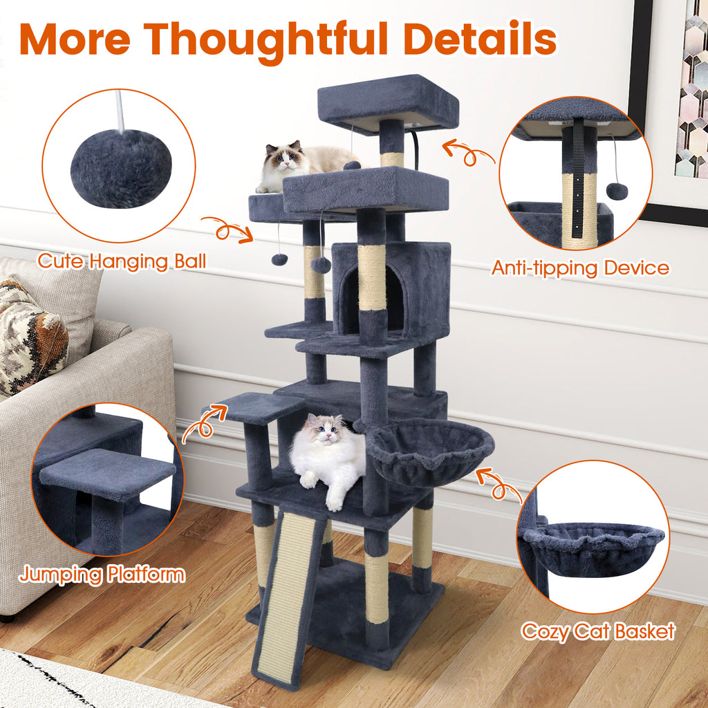 65 Inch Tall Multi-Level Cat Tree with 3 Upholstered Perches & 2 Condos - Dark Gray