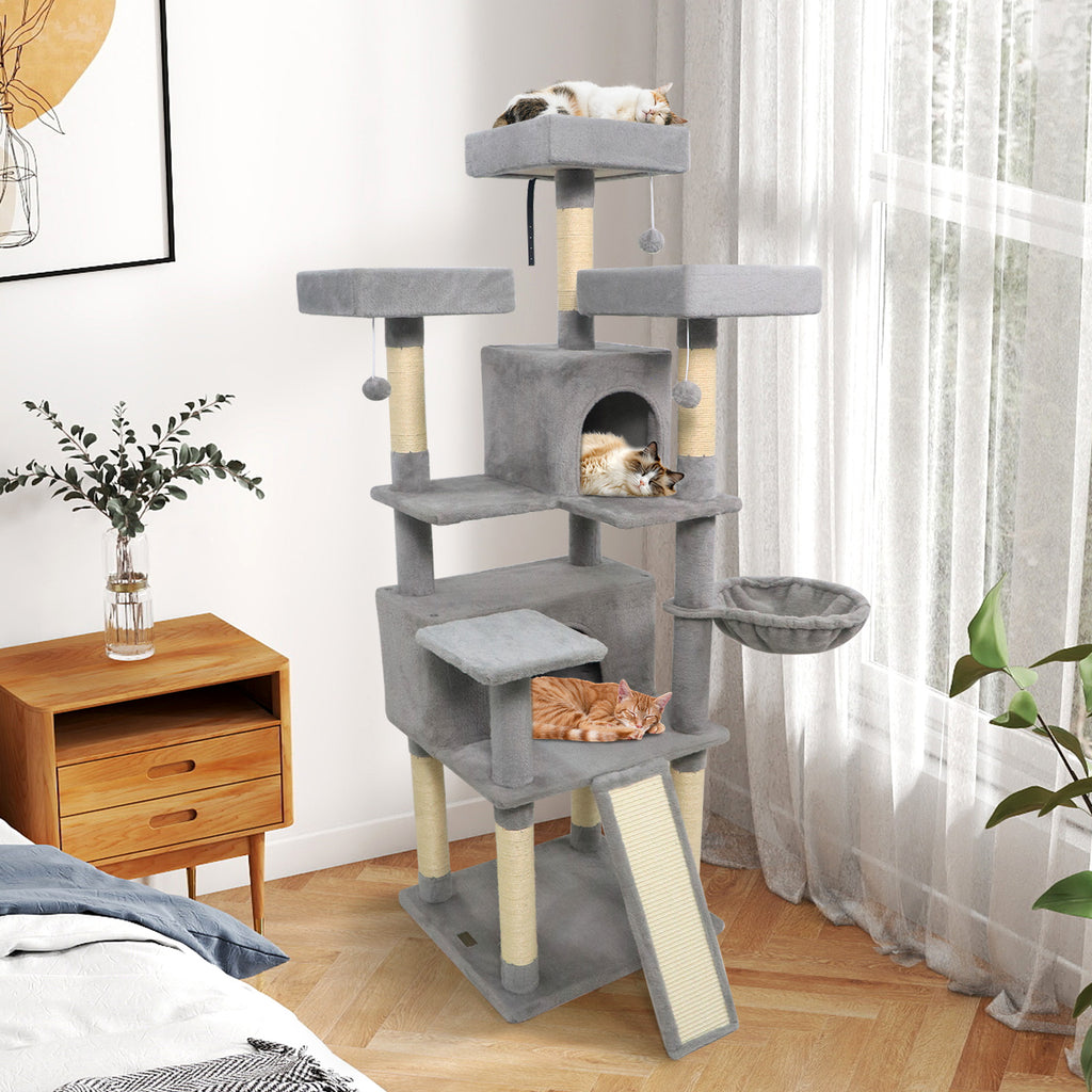 65 Inch Tall Multi-Level Cat Tree with 3 Upholstered Perches & 2 Condos - Light Gray