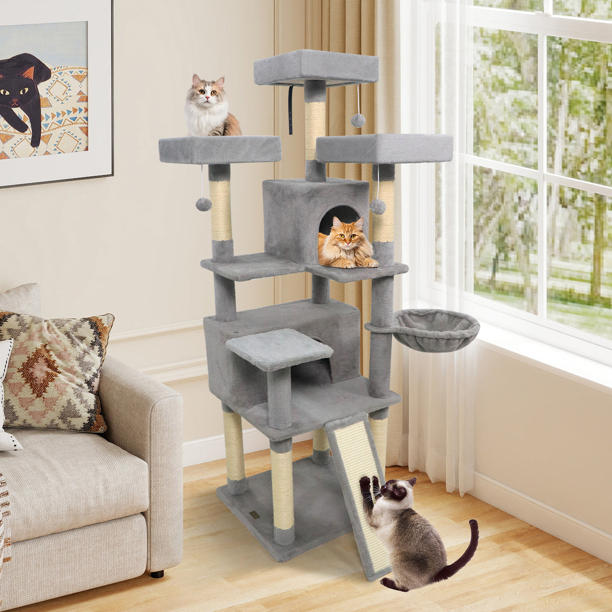 65 Inch Tall Multi-Level Cat Tree with 3 Upholstered Perches & 2 Condos - Light Gray