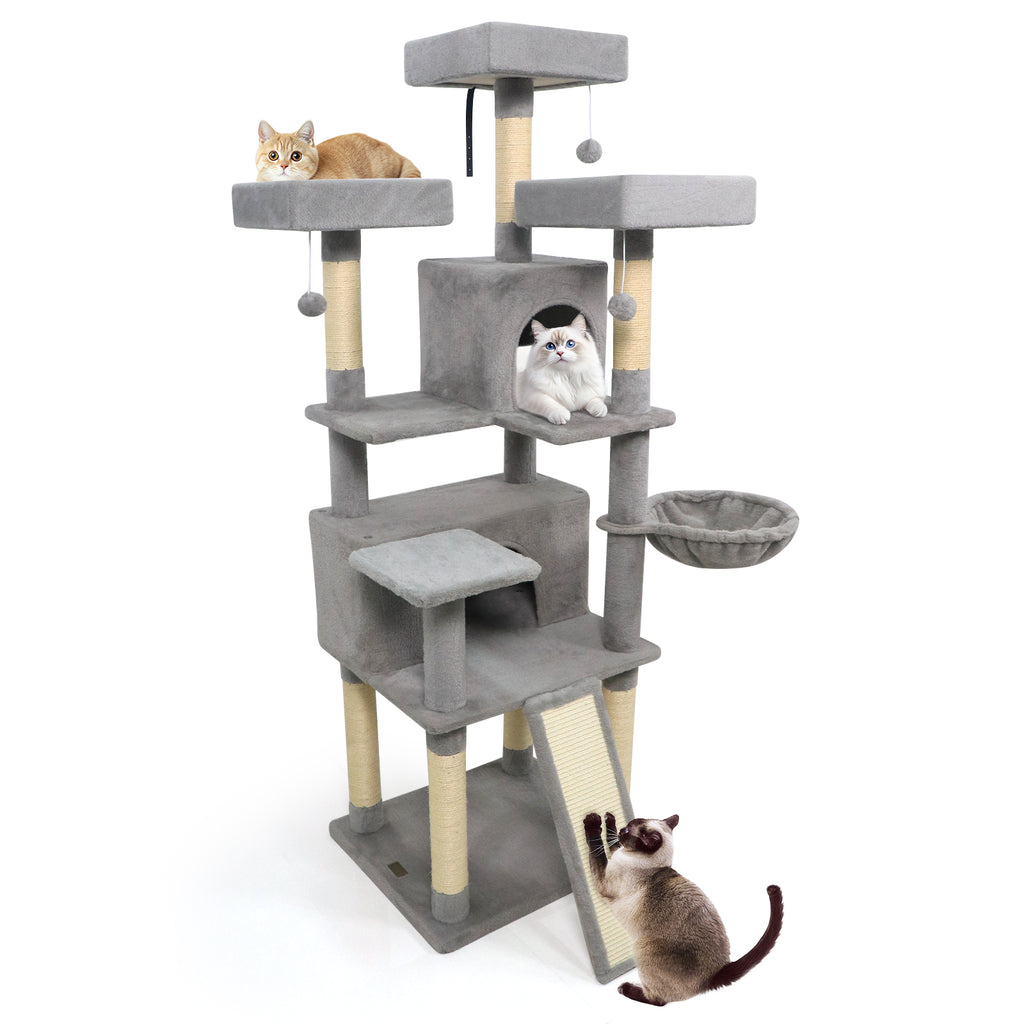 65 Inch Tall Multi-Level Cat Tree with 3 Upholstered Perches & 2 Condos - Light Gray