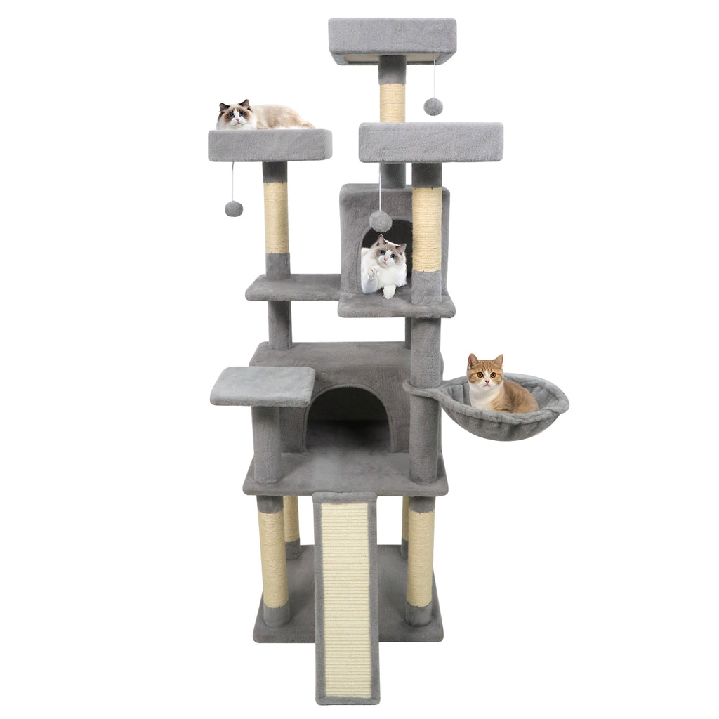 65 Inch Tall Multi-Level Cat Tree with 3 Upholstered Perches & 2 Condos - Light Gray