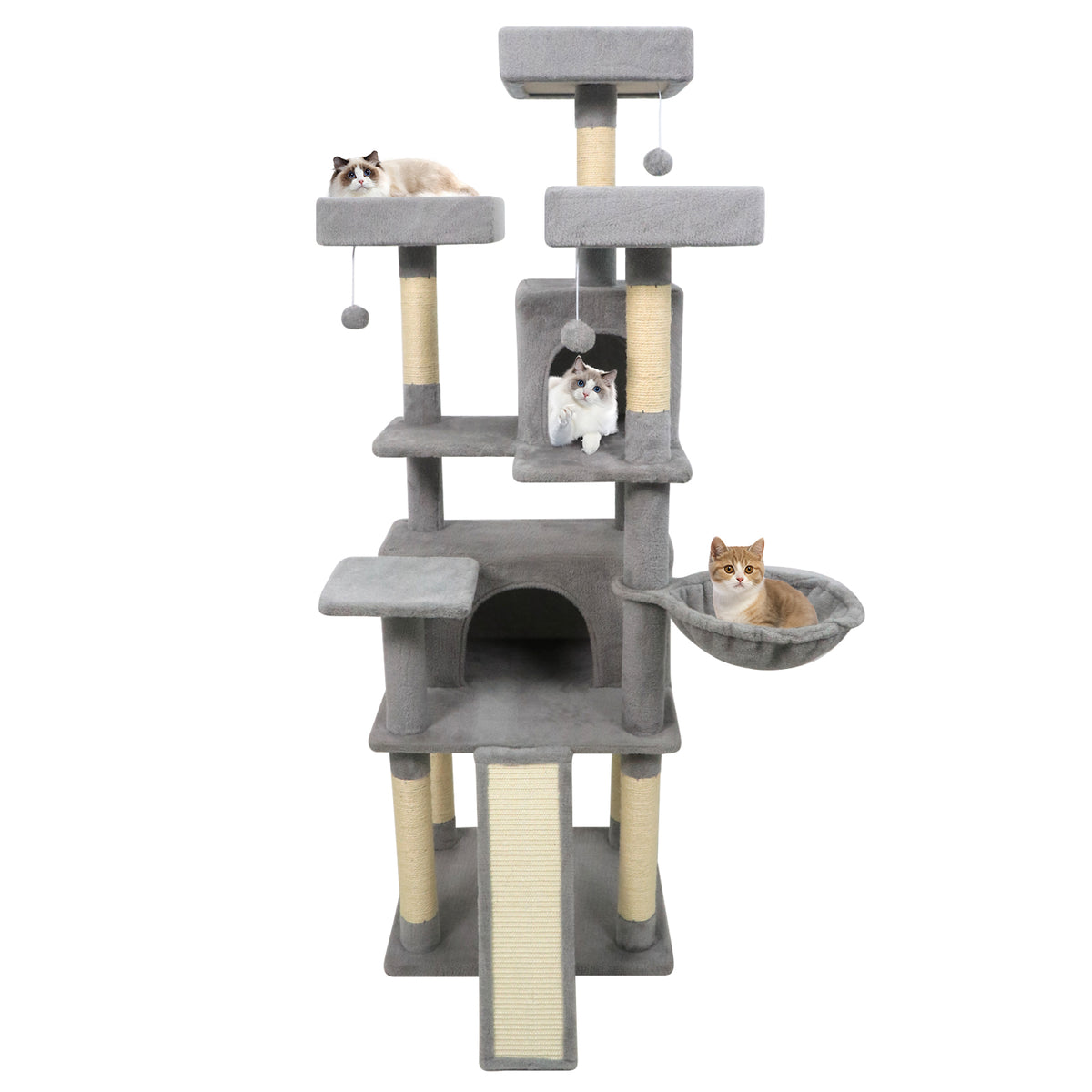 65 Inch Tall Multi-Level Cat Tree with 3 Upholstered Perches & 2 Condos - Light Gray