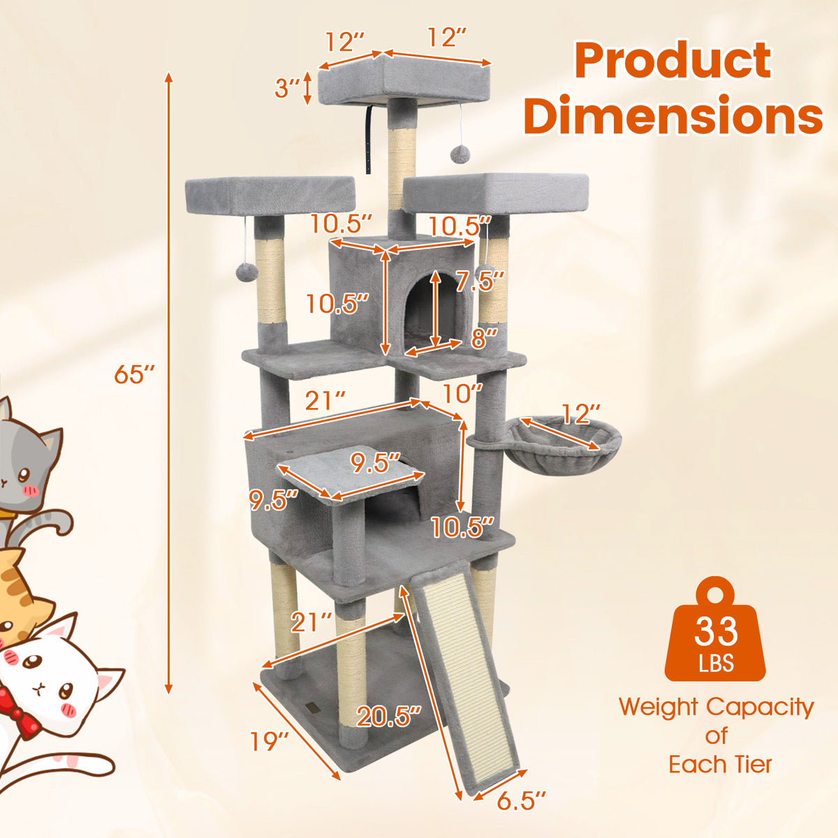 65 Inch Tall Multi-Level Cat Tree with 3 Upholstered Perches & 2 Condos - Light Gray
