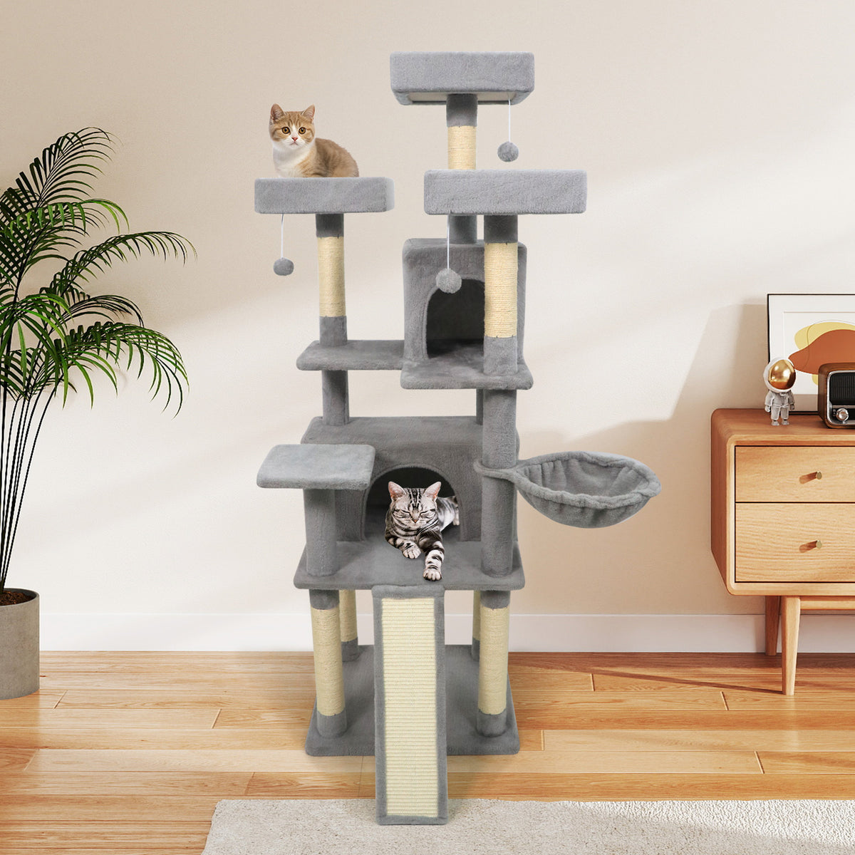 65 Inch Tall Multi-Level Cat Tree with 3 Upholstered Perches & 2 Condos - Light Gray