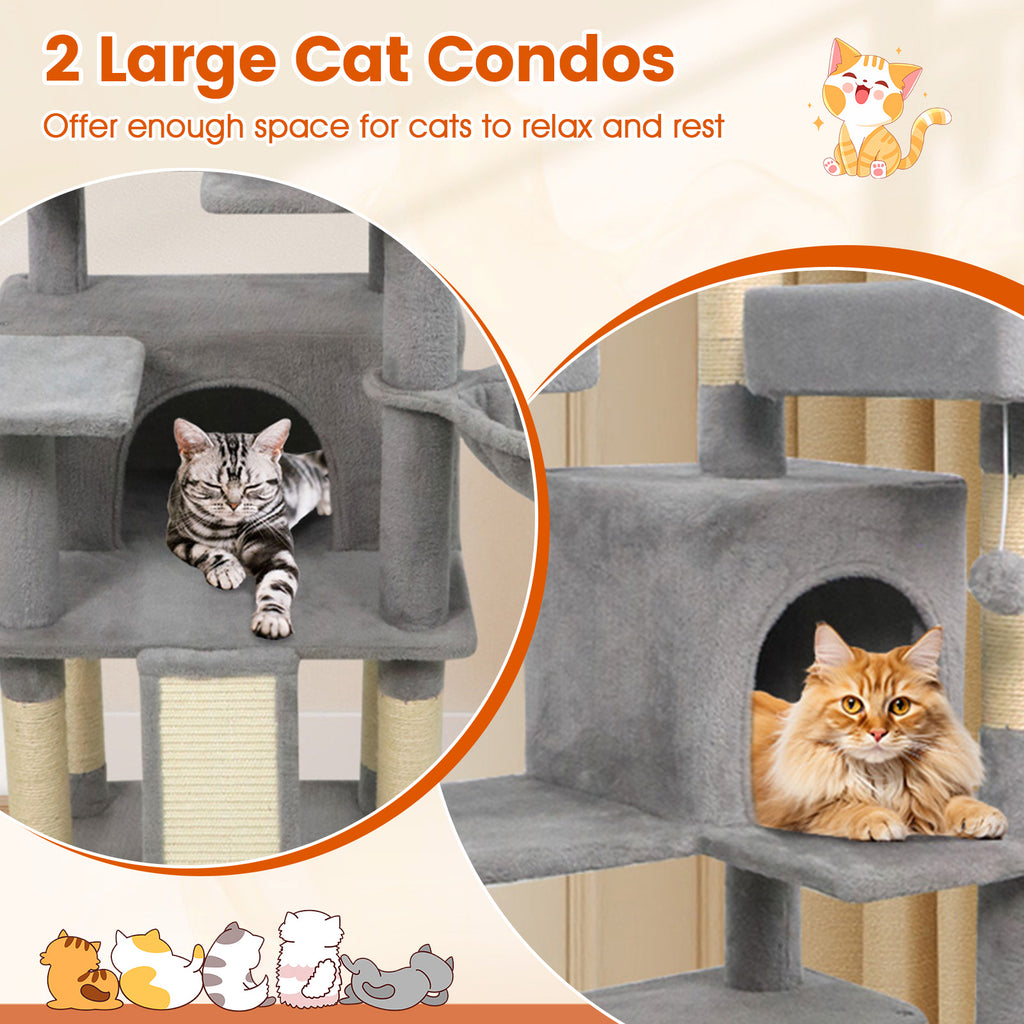 65 Inch Tall Multi-Level Cat Tree with 3 Upholstered Perches & 2 Condos - Light Gray