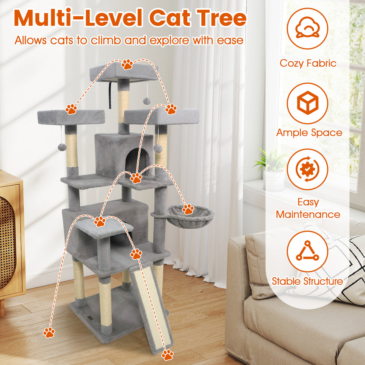 65 Inch Tall Multi-Level Cat Tree with 3 Upholstered Perches & 2 Condos - Light Gray