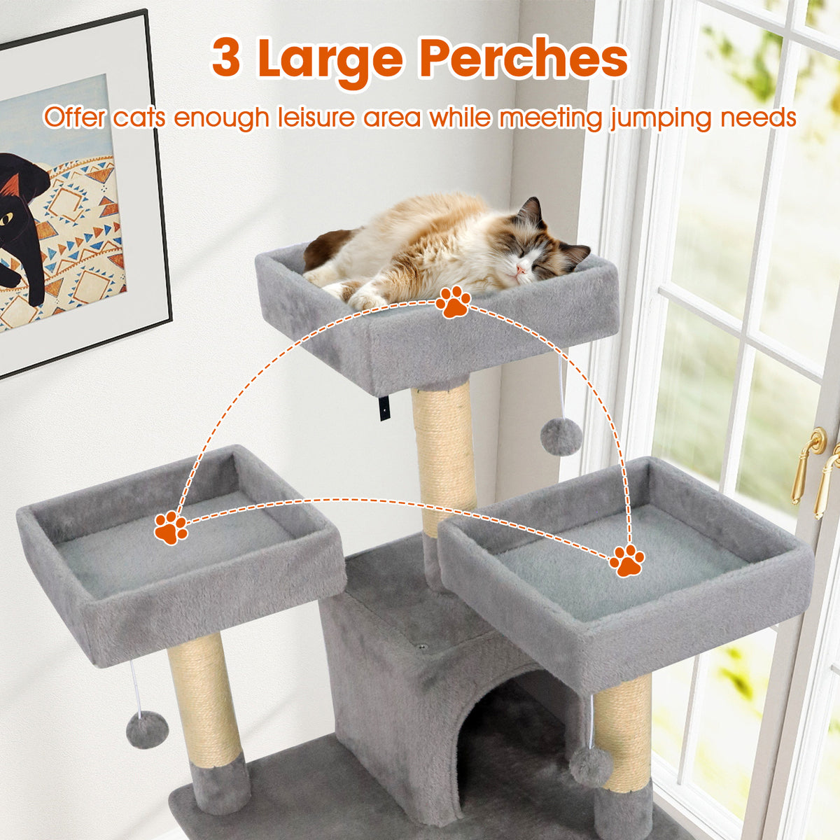 65 Inch Tall Multi-Level Cat Tree with 3 Upholstered Perches & 2 Condos - Light Gray