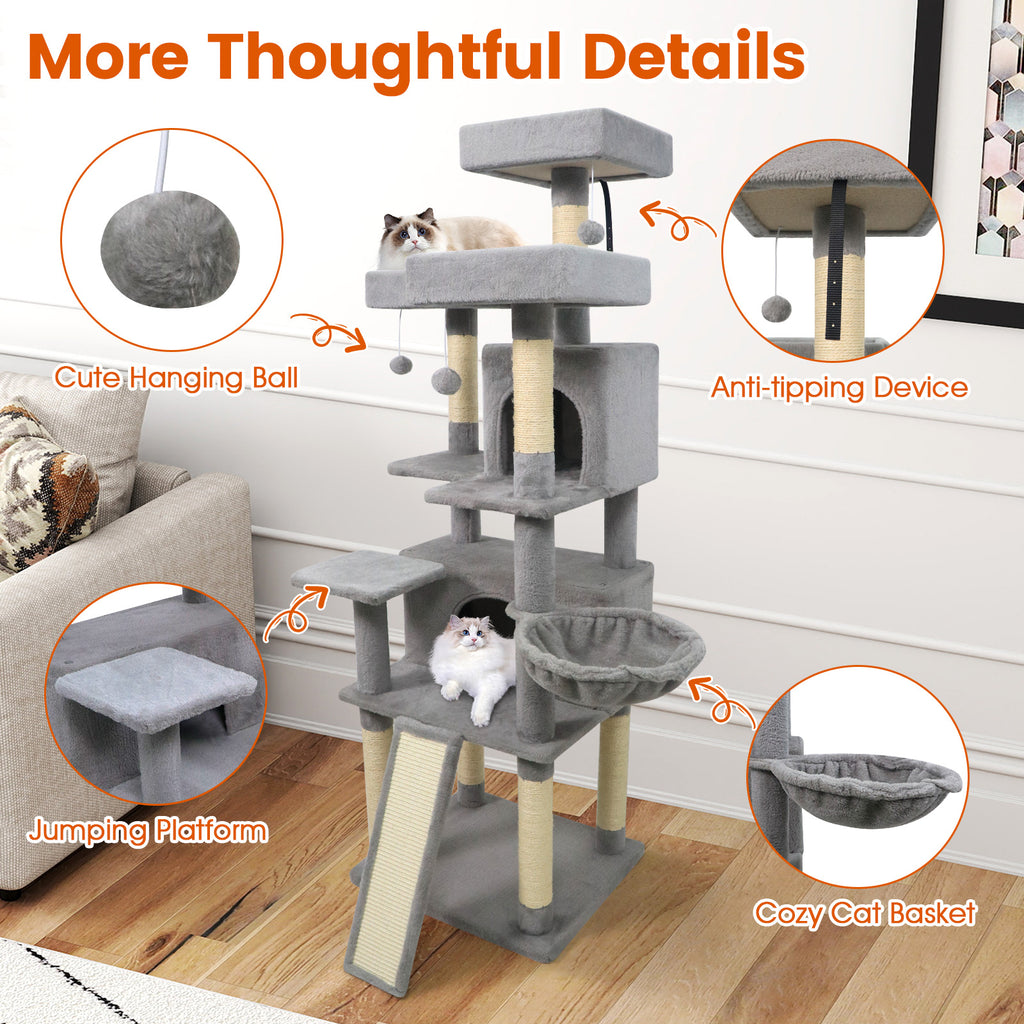 65 Inch Tall Multi-Level Cat Tree with 3 Upholstered Perches & 2 Condos - Light Gray