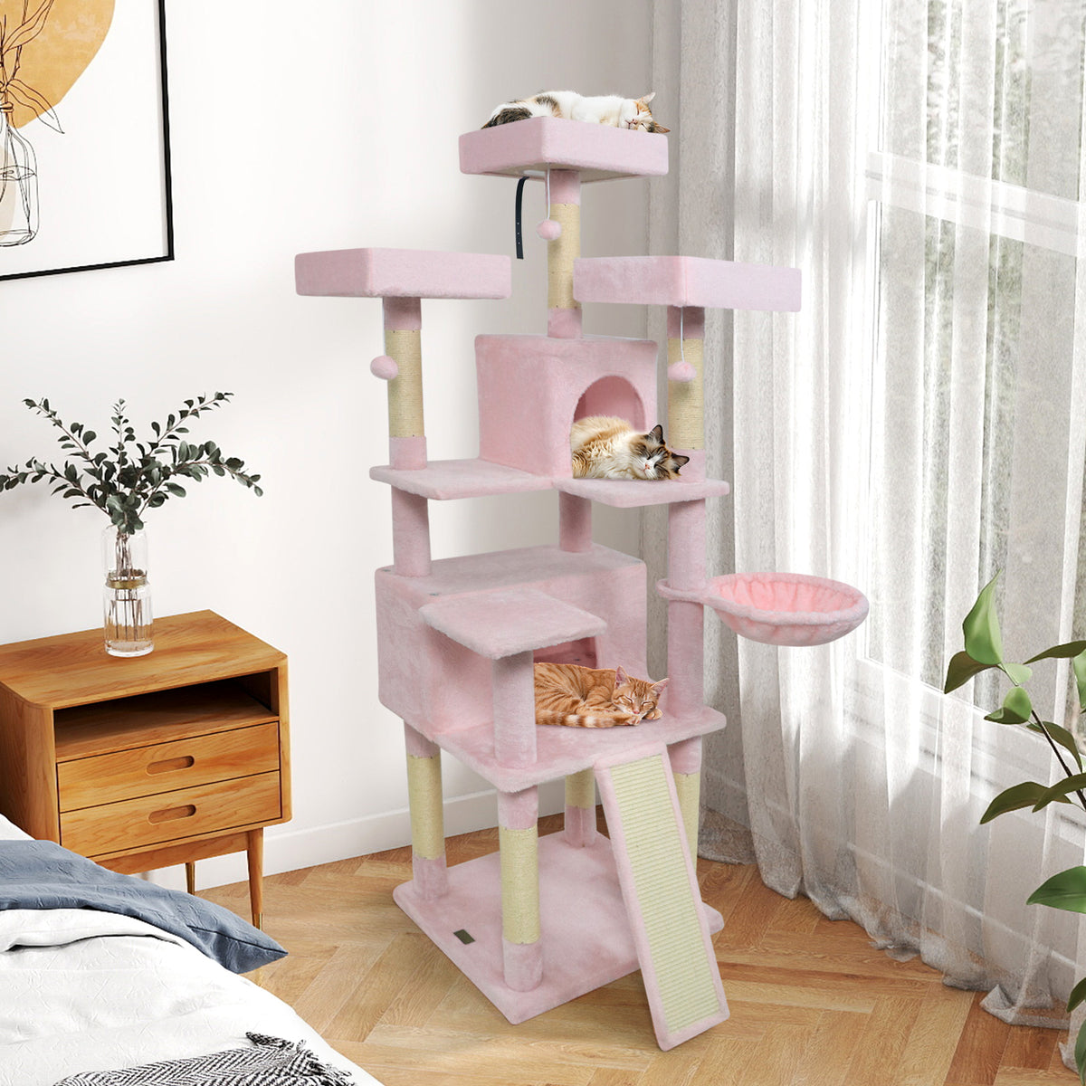 Pink 65-Inch Multi-Level Cat Tree with 3 Perches, 2 Condos & Scratching Posts - Costway