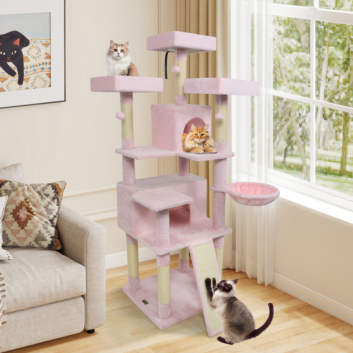 Pink 65-Inch Multi-Level Cat Tree with 3 Perches, 2 Condos & Scratching Posts - Costway