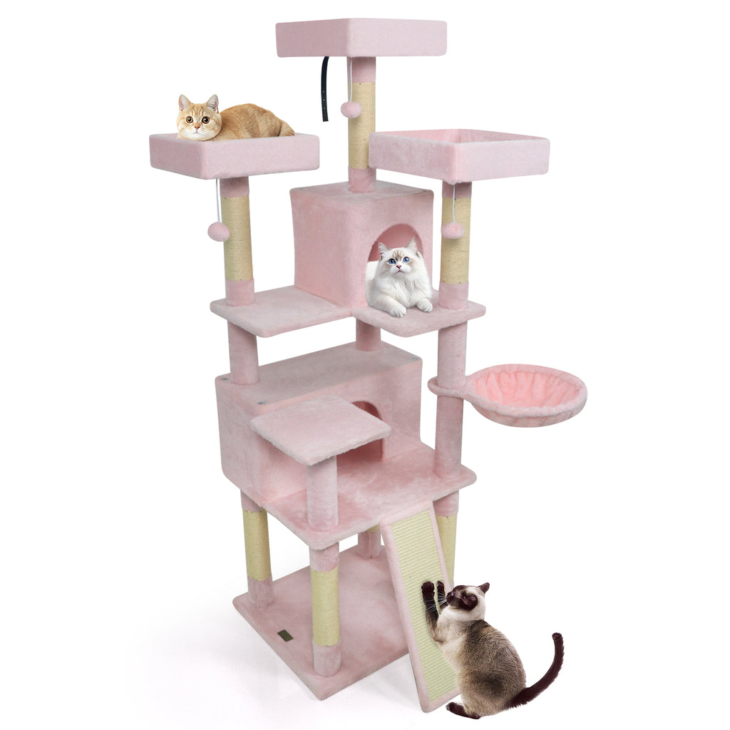 Pink 65-Inch Multi-Level Cat Tree with 3 Perches, 2 Condos & Scratching Posts - Costway