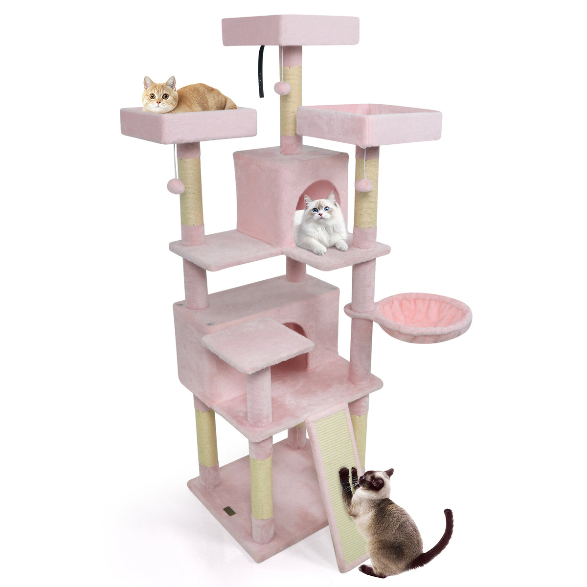 Pink 65-Inch Multi-Level Cat Tree with 3 Perches, 2 Condos & Scratching Posts - Costway