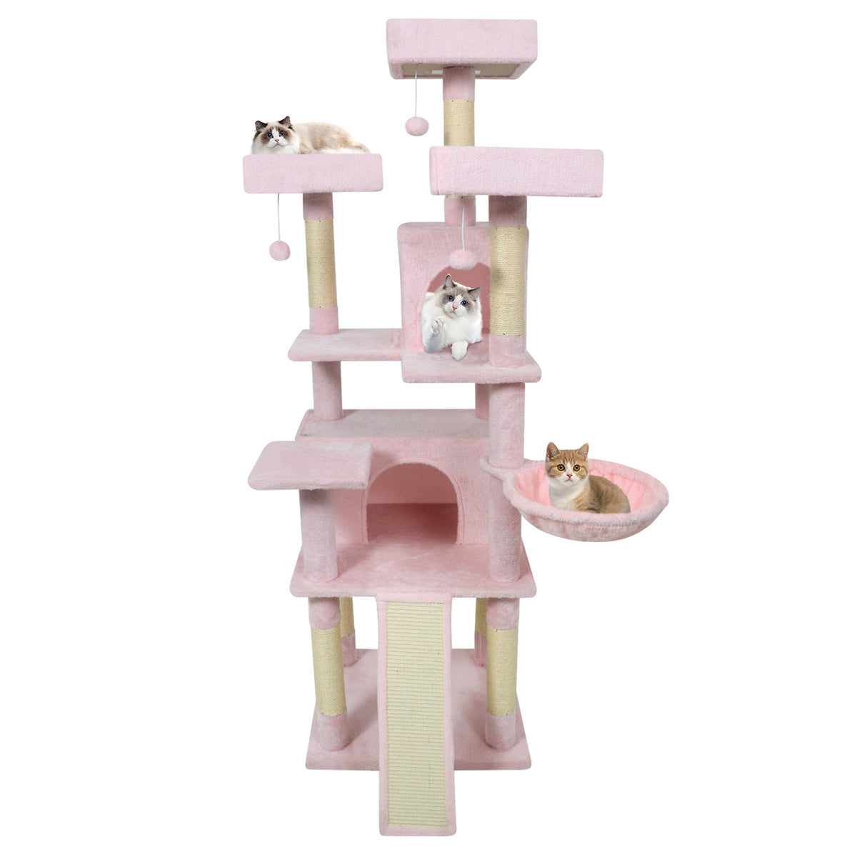 Pink 65-Inch Multi-Level Cat Tree with 3 Perches, 2 Condos & Scratching Posts - Costway