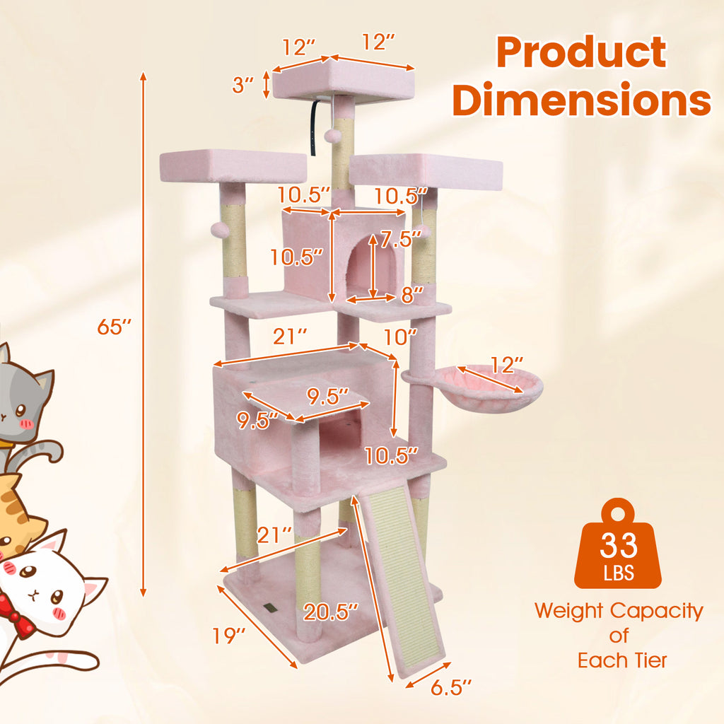 Pink 65-Inch Multi-Level Cat Tree with 3 Perches, 2 Condos & Scratching Posts - Costway