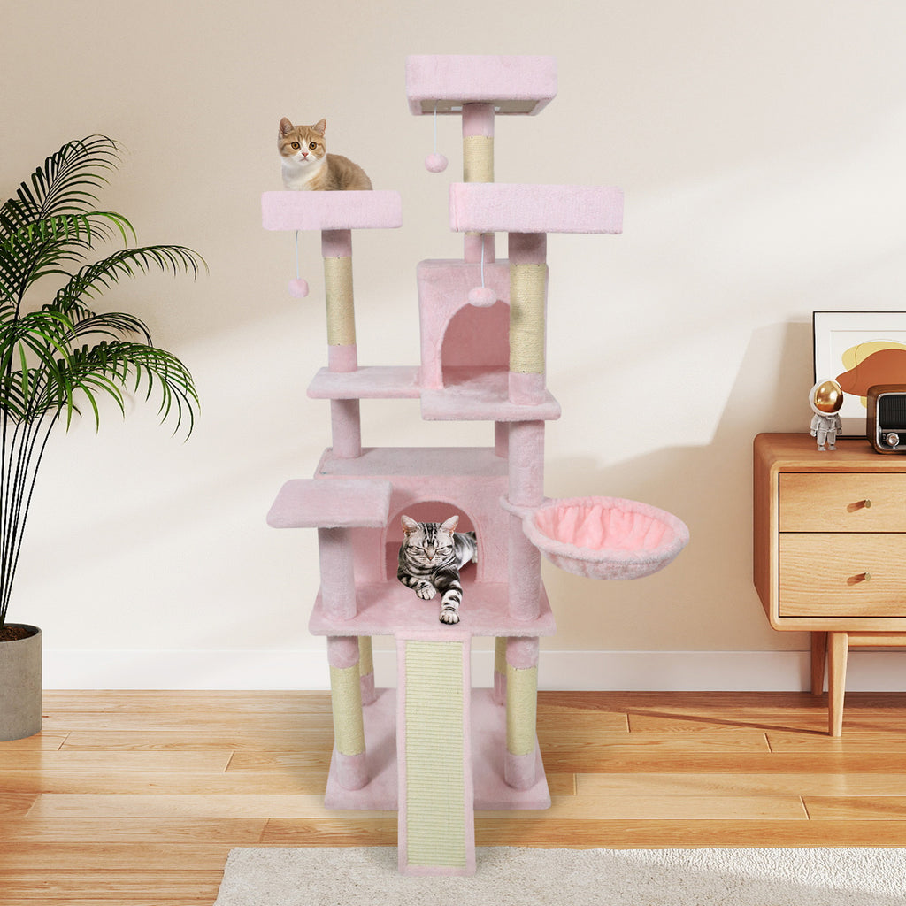 Pink 65-Inch Multi-Level Cat Tree with 3 Perches, 2 Condos & Scratching Posts - Costway
