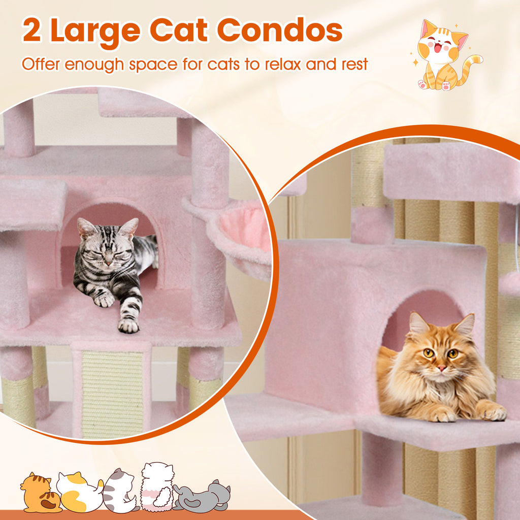 Pink 65-Inch Multi-Level Cat Tree with 3 Perches, 2 Condos & Scratching Posts - Costway