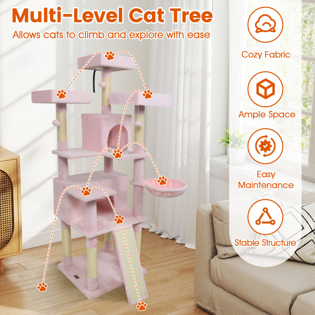 Pink 65-Inch Multi-Level Cat Tree with 3 Perches, 2 Condos & Scratching Posts - Costway