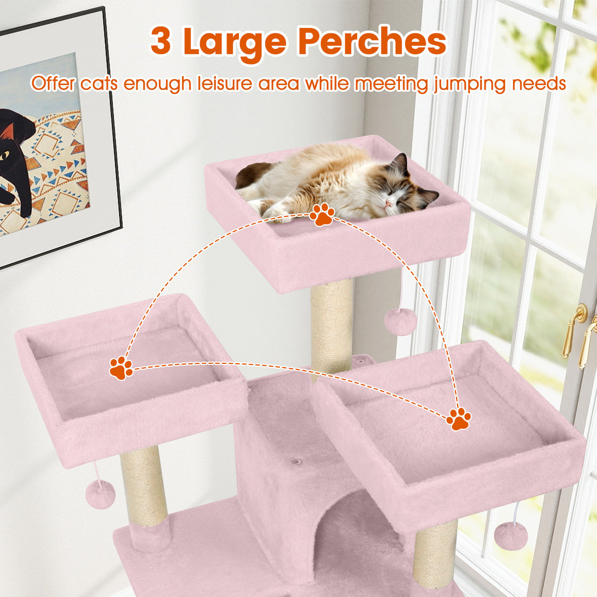 Pink 65-Inch Multi-Level Cat Tree with 3 Perches, 2 Condos & Scratching Posts - Costway