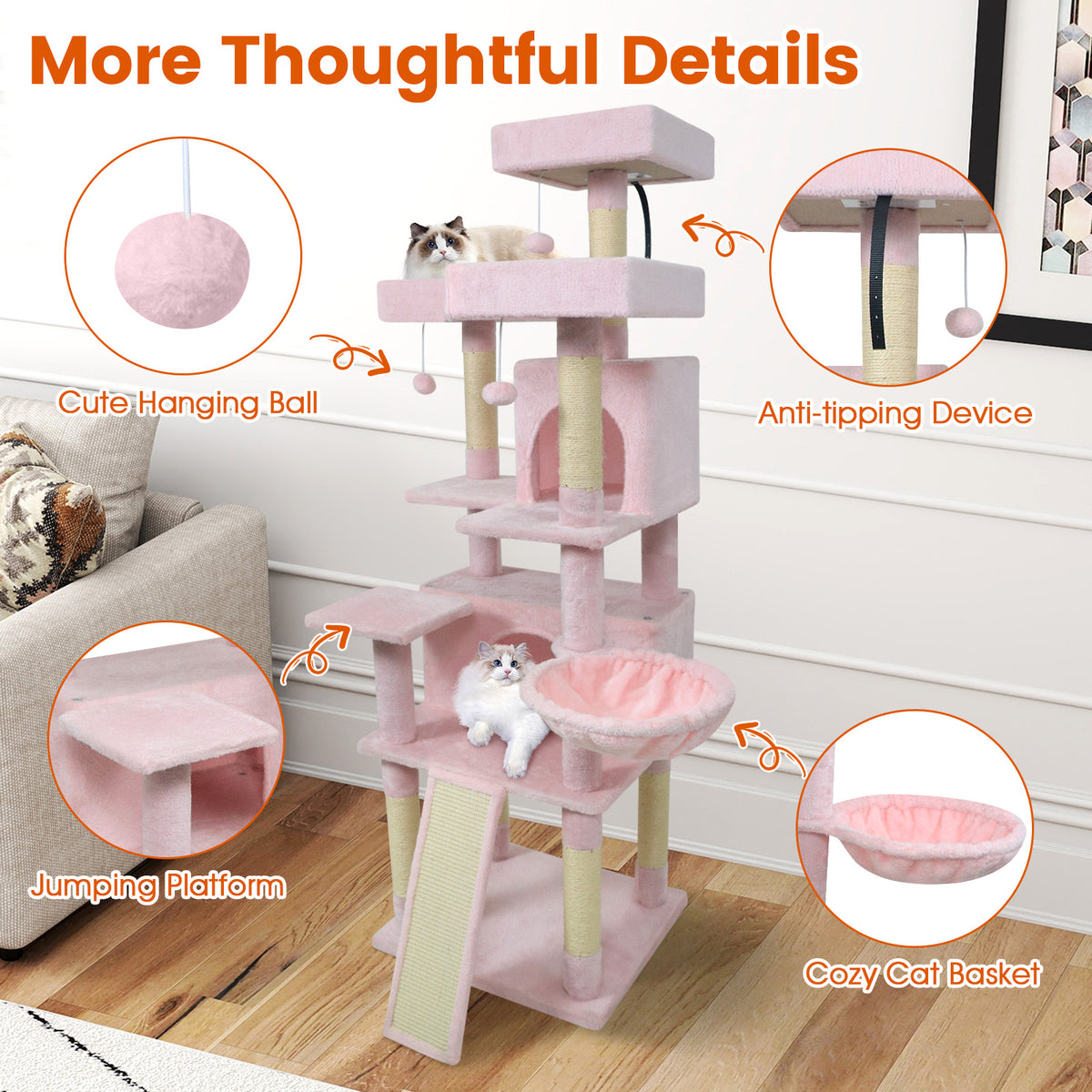 Pink 65-Inch Multi-Level Cat Tree with 3 Perches, 2 Condos & Scratching Posts - Costway