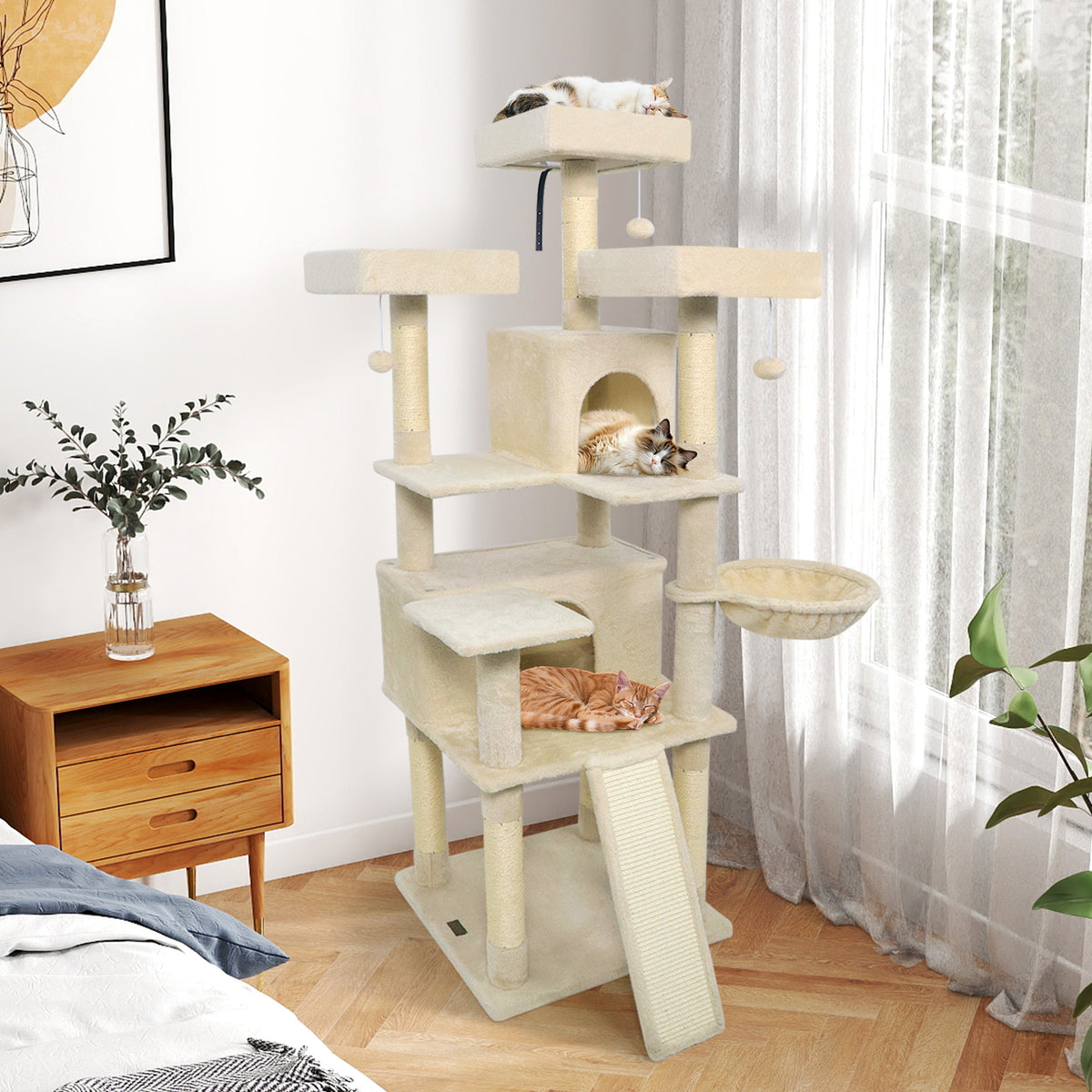 65 Inch Tall Multi-Level Cat Tree with 3 Upholstered Perches & 2 Condos - Dark Gray