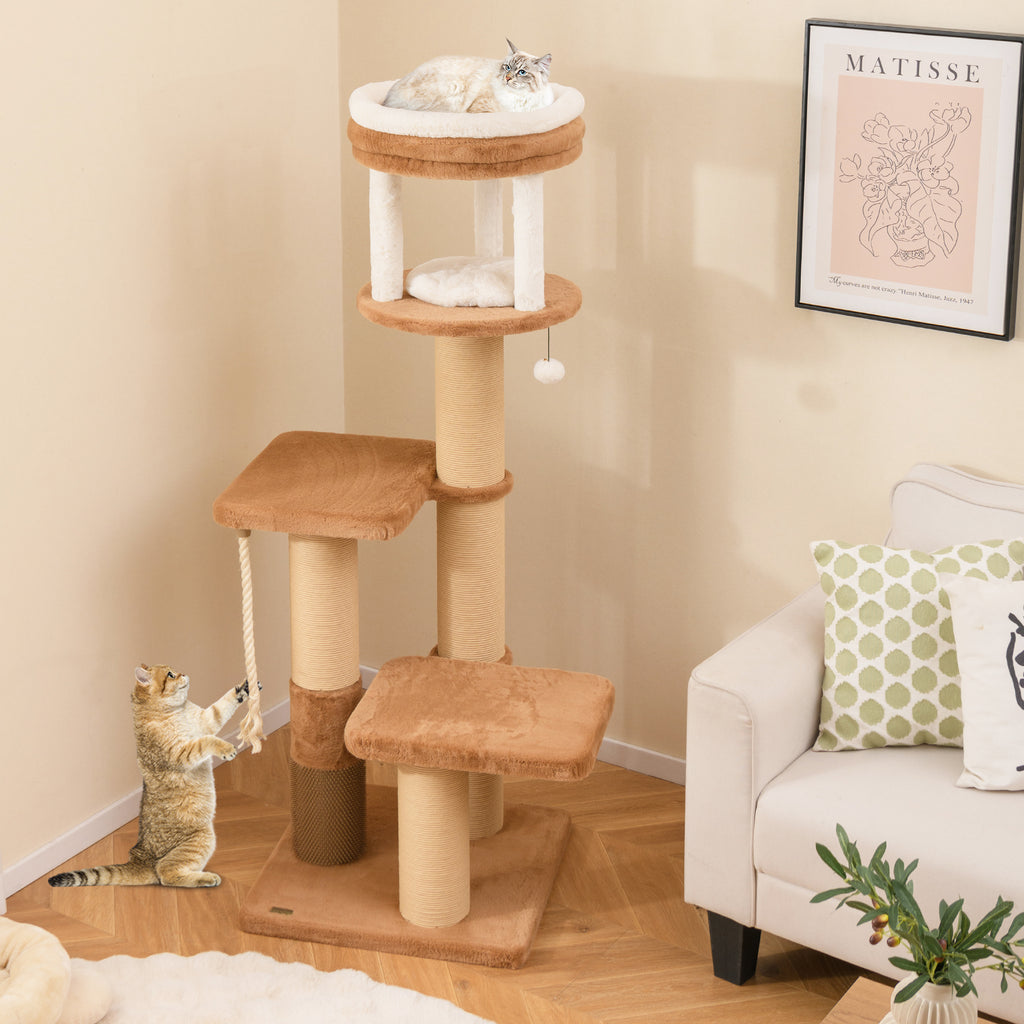 65 Inches Tall Cat Tree with Self-Groomer and Removable Cat Bed - Coffee Variation