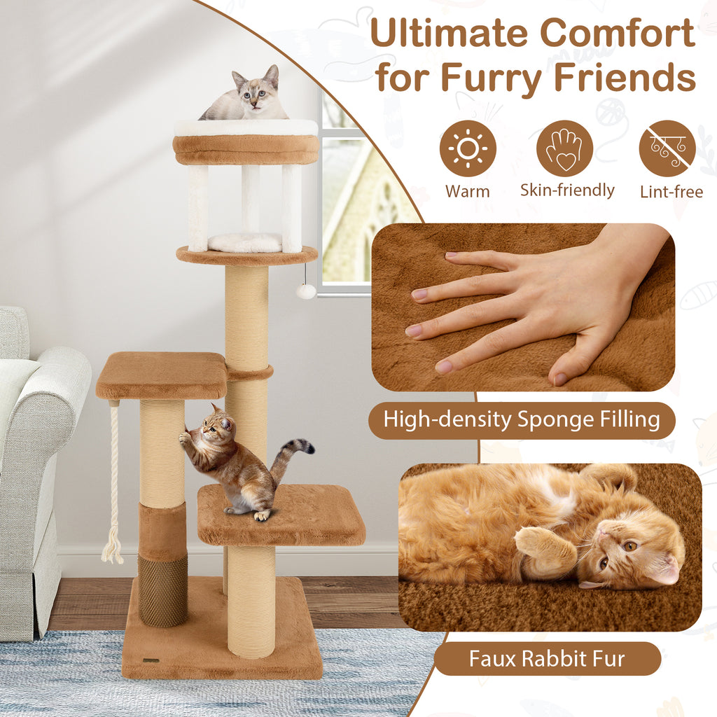 65 Inches Tall Cat Tree with Self-Groomer and Removable Cat Bed - Coffee Variation
