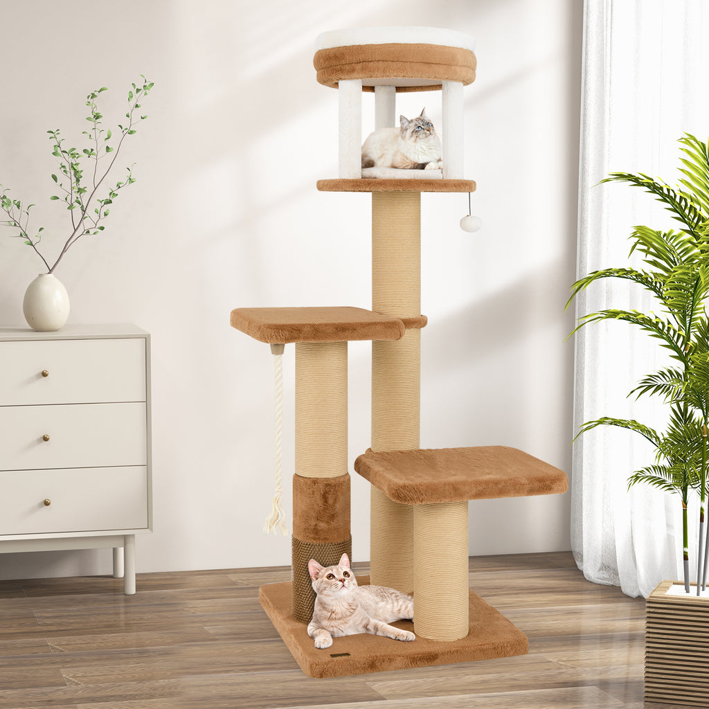 65 Inches Tall Cat Tree with Self-Groomer and Removable Cat Bed - Coffee Variation