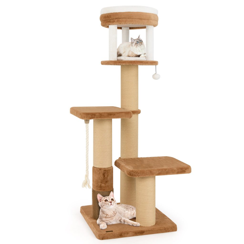 65 Inches Tall Cat Tree with Self-Groomer and Removable Cat Bed - Coffee Variation