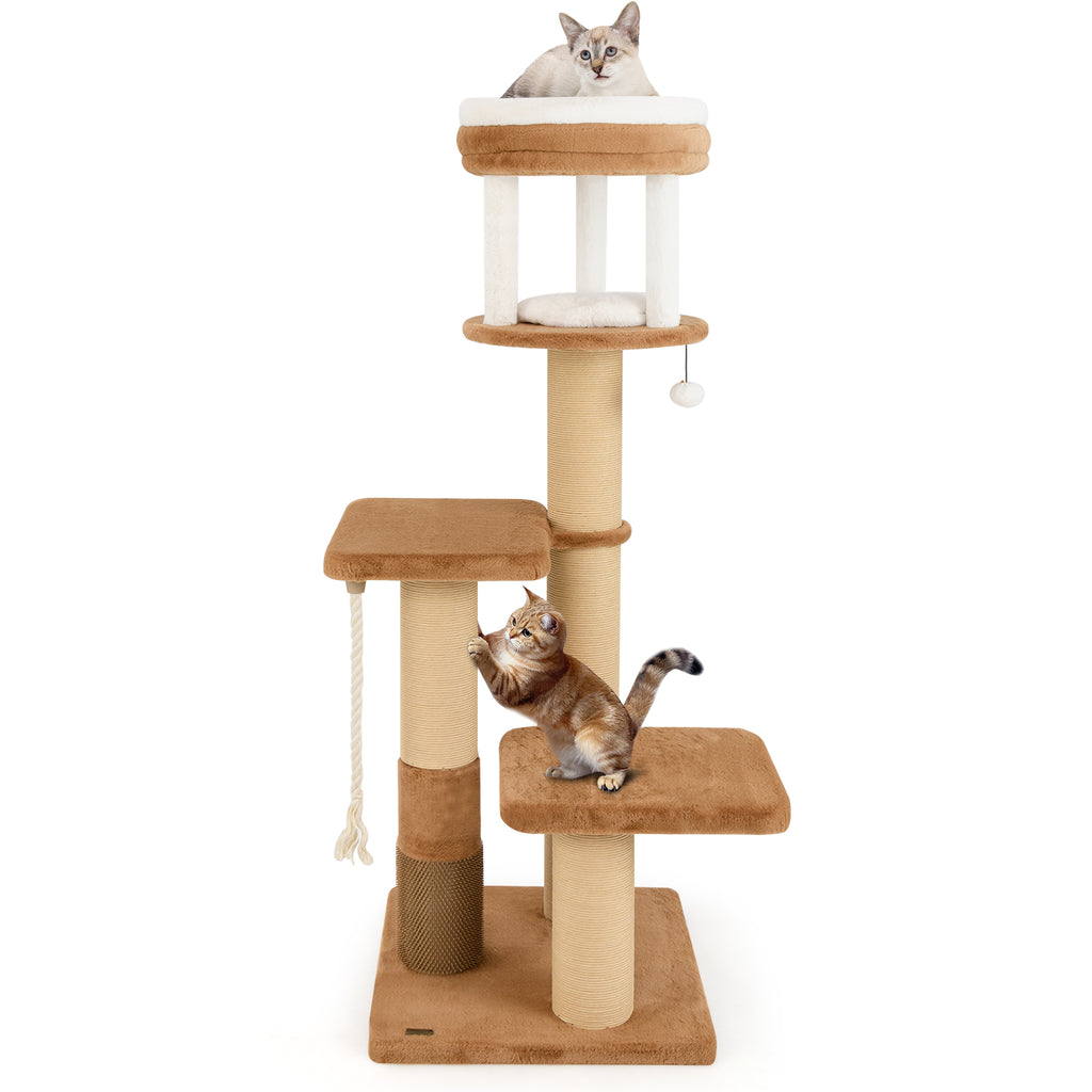 65 Inches Tall Cat Tree with Self-Groomer and Removable Cat Bed - Coffee Variation