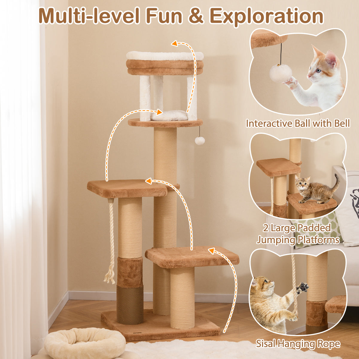 65 Inches Tall Cat Tree with Self-Groomer and Removable Cat Bed - Coffee Variation