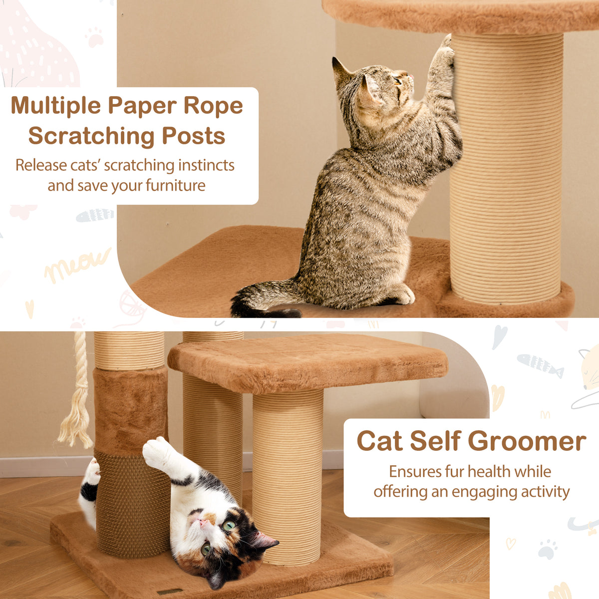 65 Inches Tall Cat Tree with Self-Groomer and Removable Cat Bed - Coffee Variation