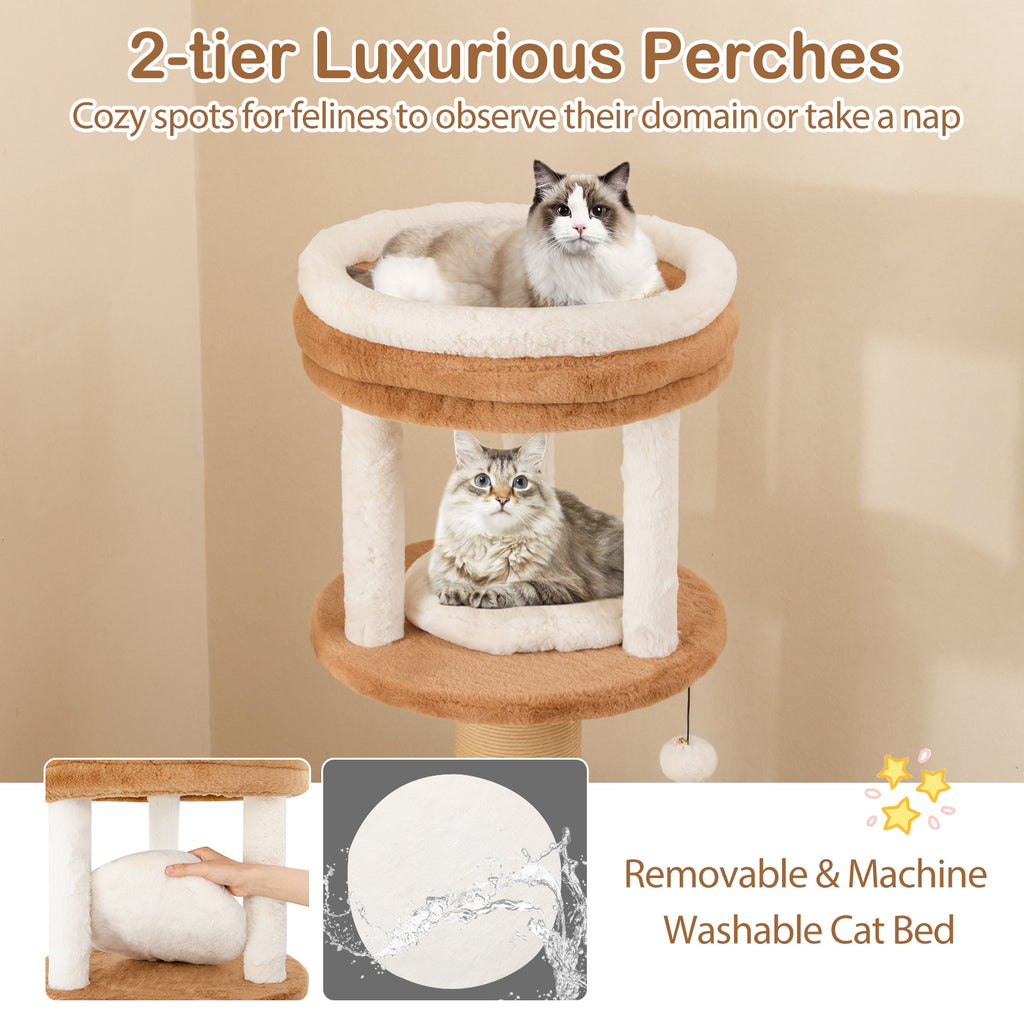 65 Inches Tall Cat Tree with Self-Groomer and Removable Cat Bed - Coffee Variation