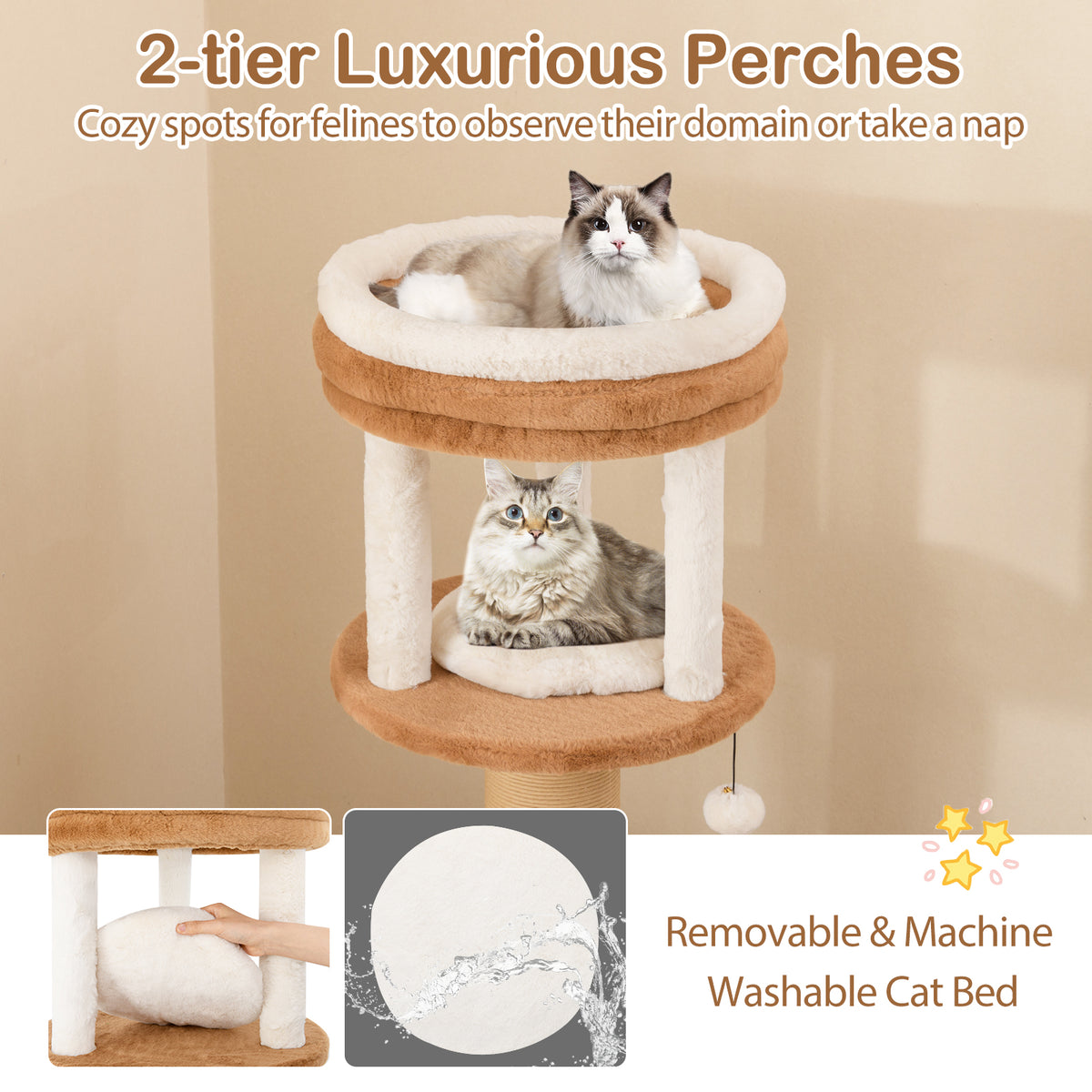 65 Inches Tall Cat Tree with Self-Groomer and Removable Cat Bed - Coffee Variation