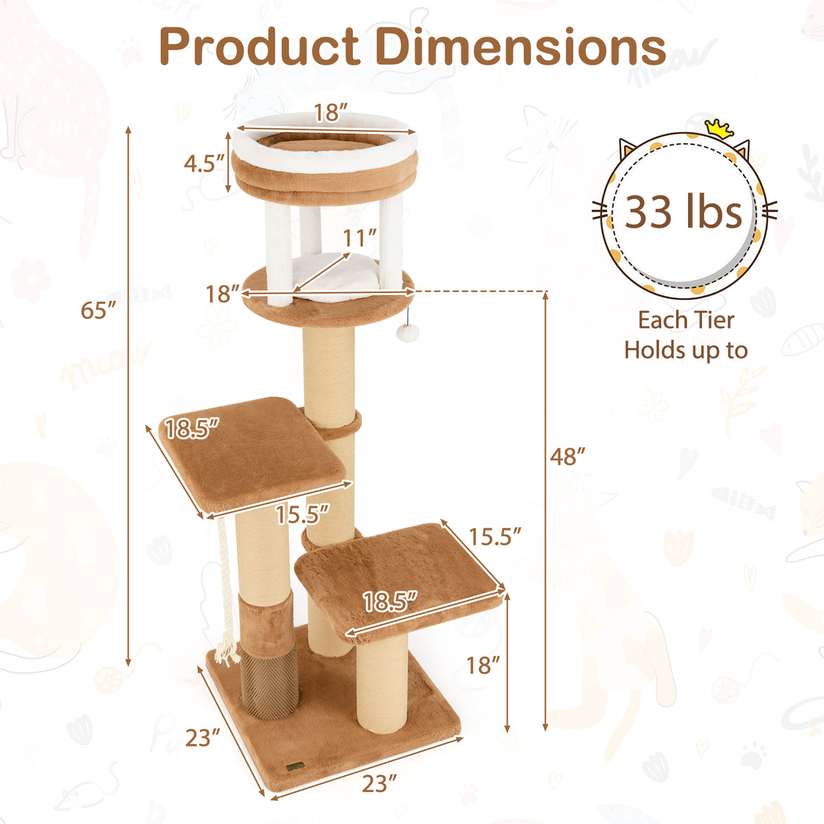 65 Inches Tall Cat Tree with Self-Groomer and Removable Cat Bed - Coffee Variation