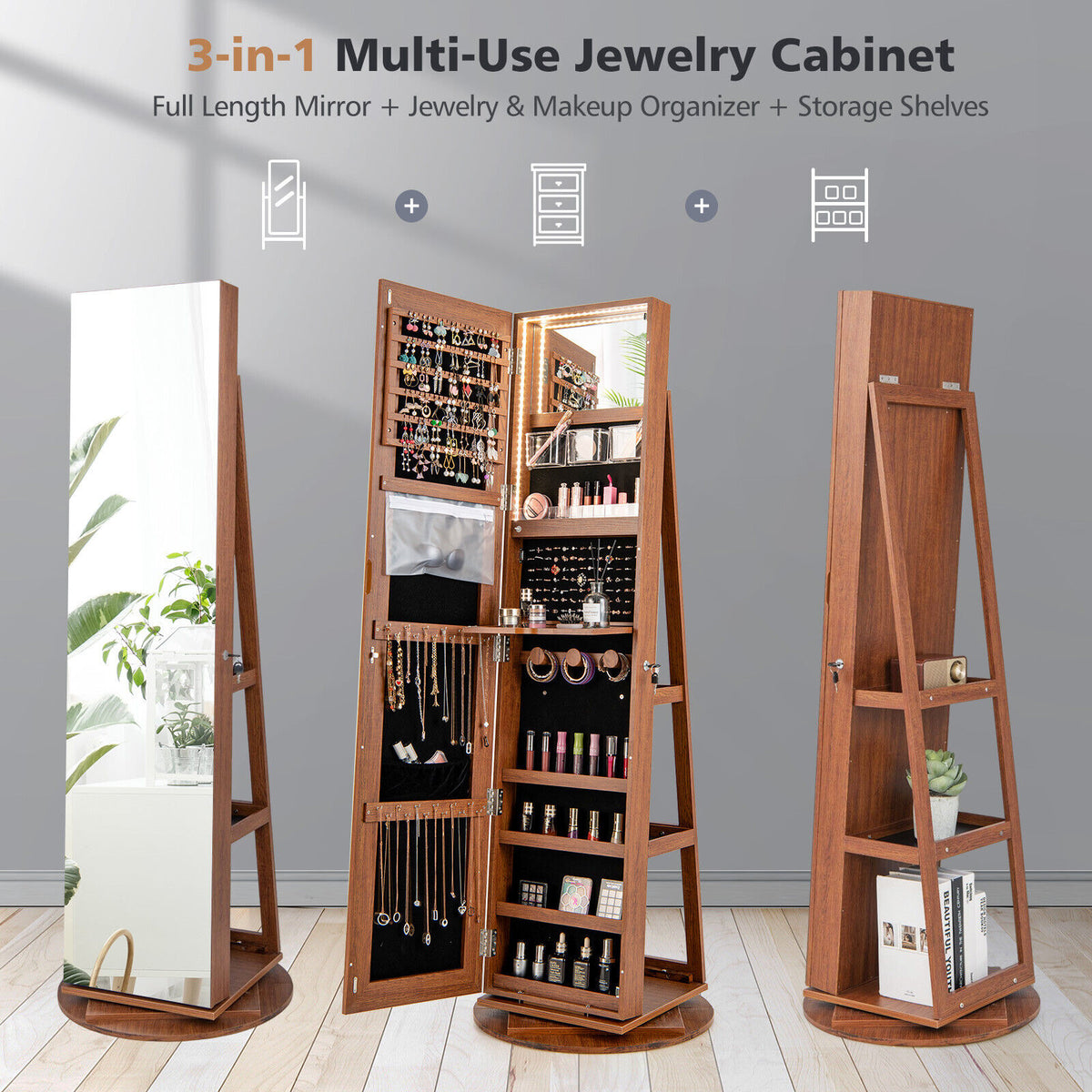 360° Rotating Jewelry Cabinet Armoire with LED Mirror - Dark Brown