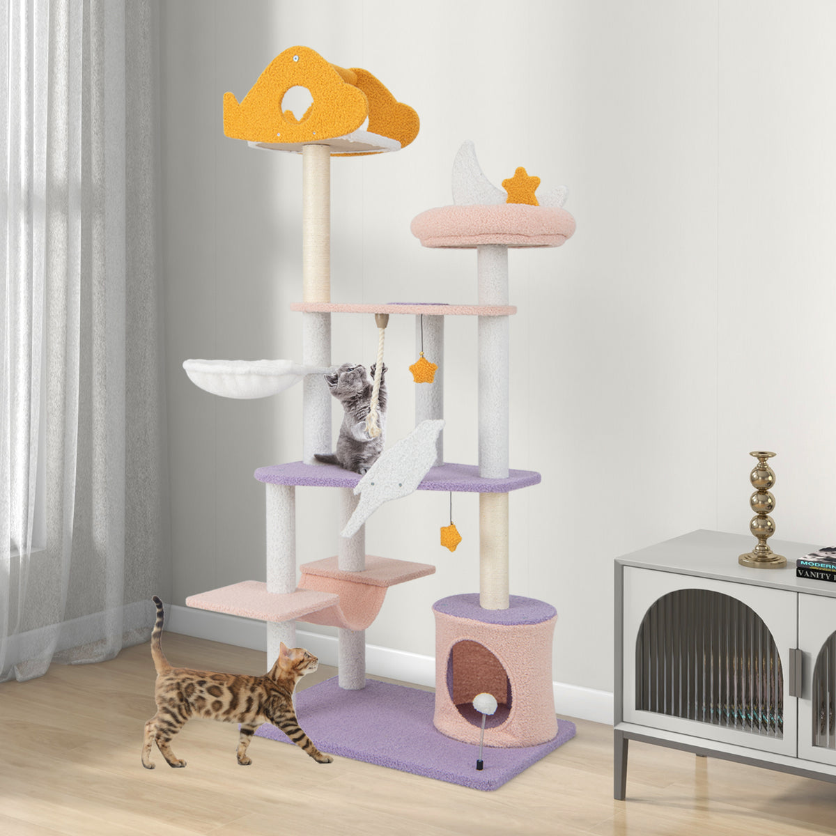 66-Inch Tall Cat Tree Tower with Sisal Scratching Posts - Purple