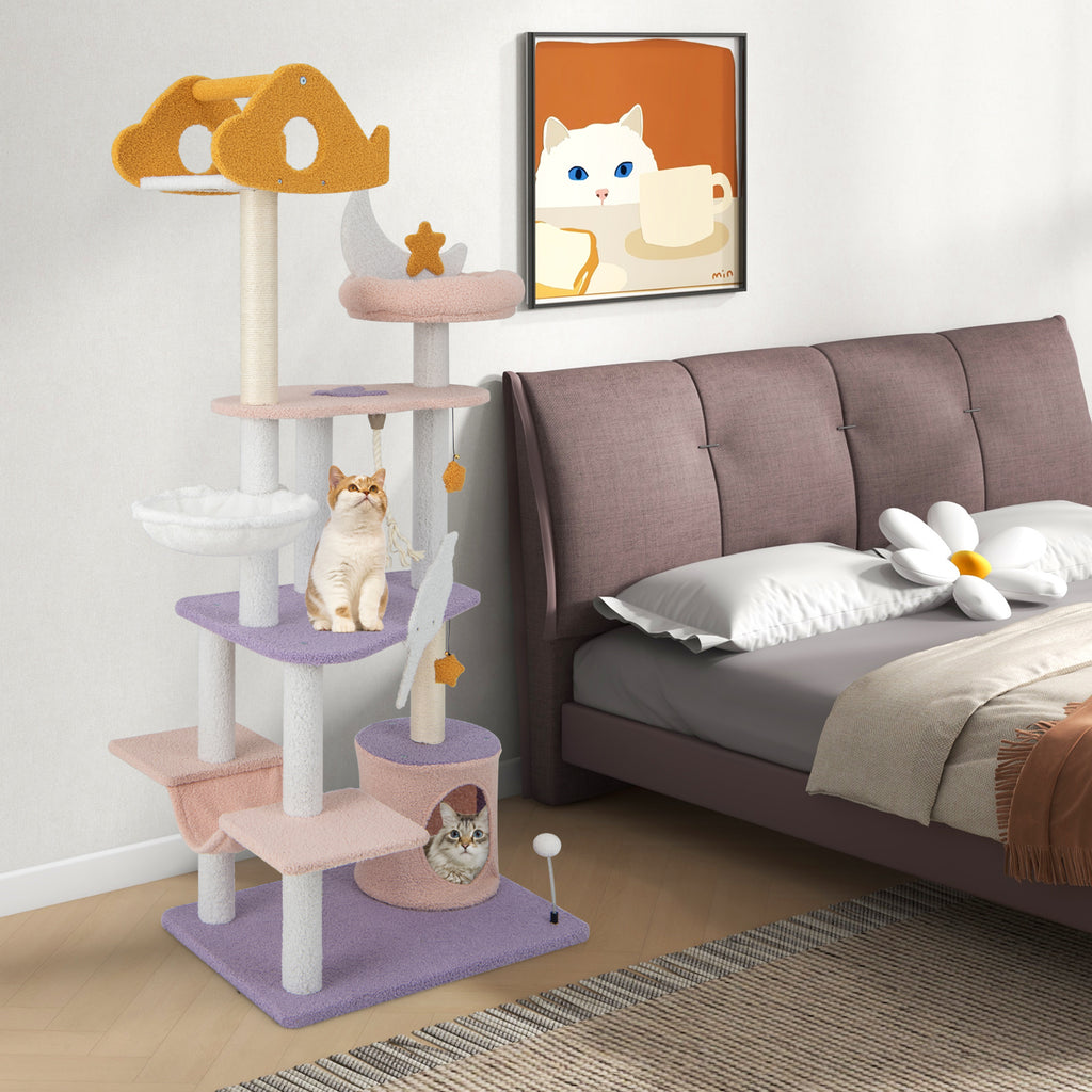 66-Inch Tall Cat Tree Tower with Sisal Scratching Posts - Purple