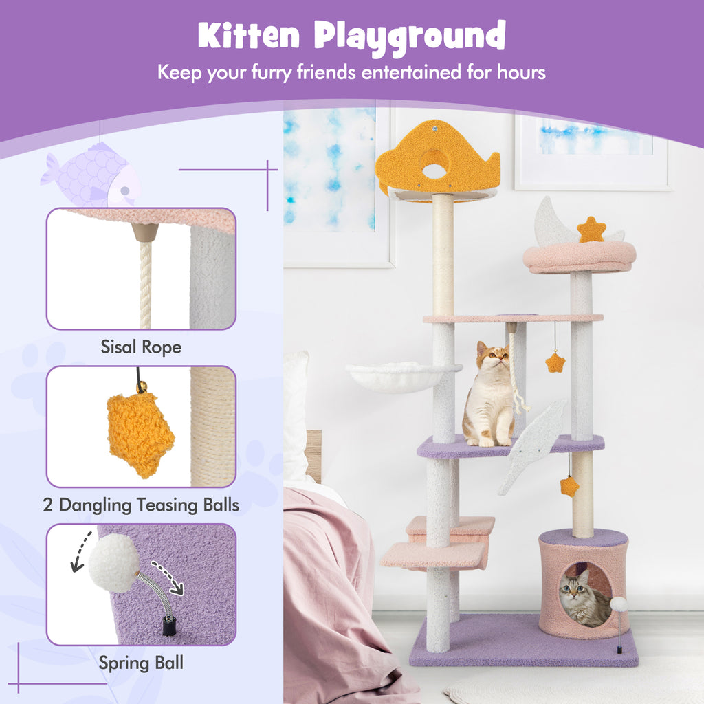 66-Inch Tall Cat Tree Tower with Sisal Scratching Posts - Purple