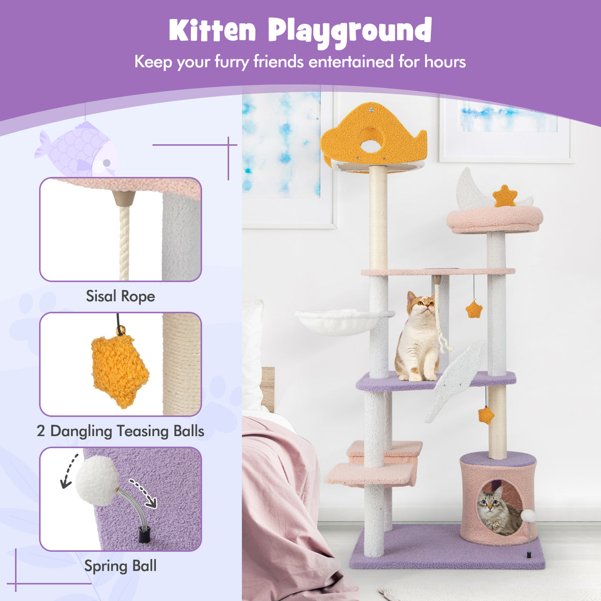 66-Inch Tall Cat Tree Tower with Sisal Scratching Posts - Purple