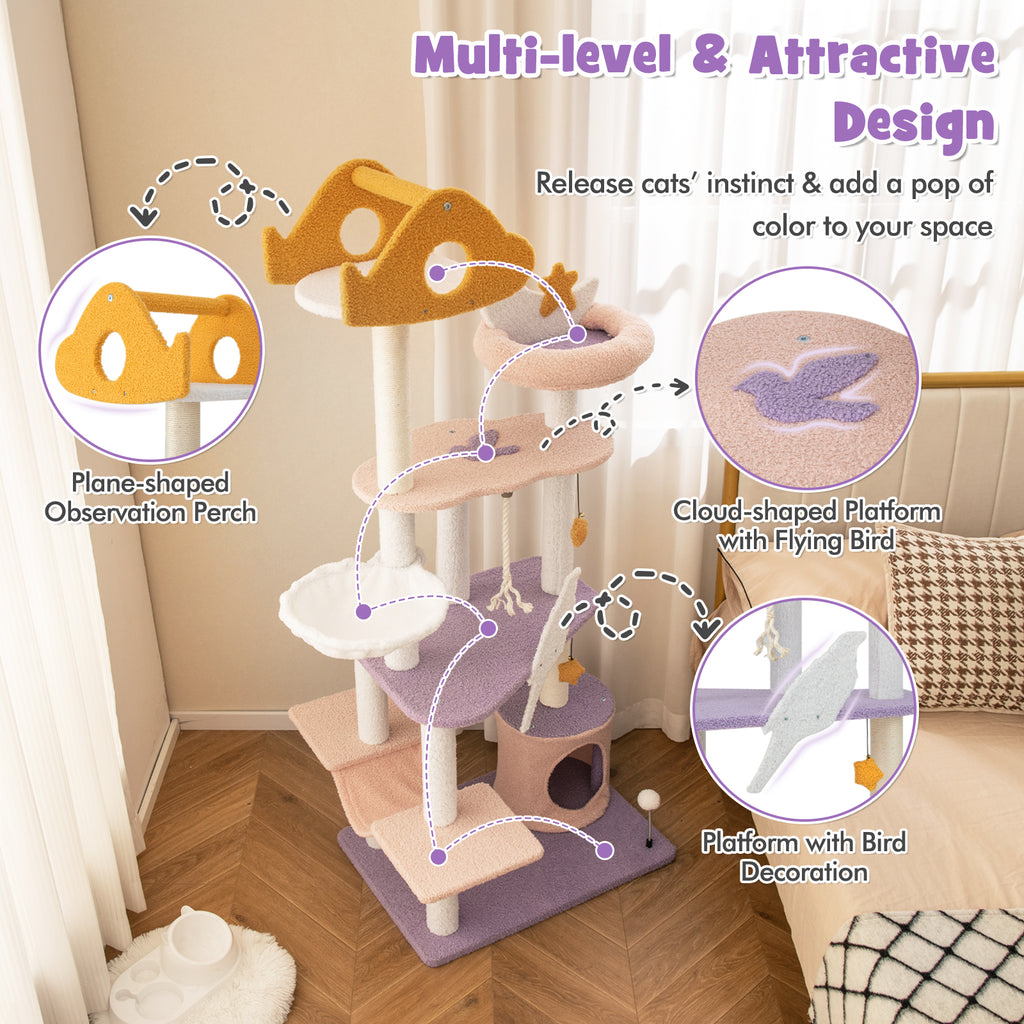 66-Inch Tall Cat Tree Tower with Sisal Scratching Posts - Purple