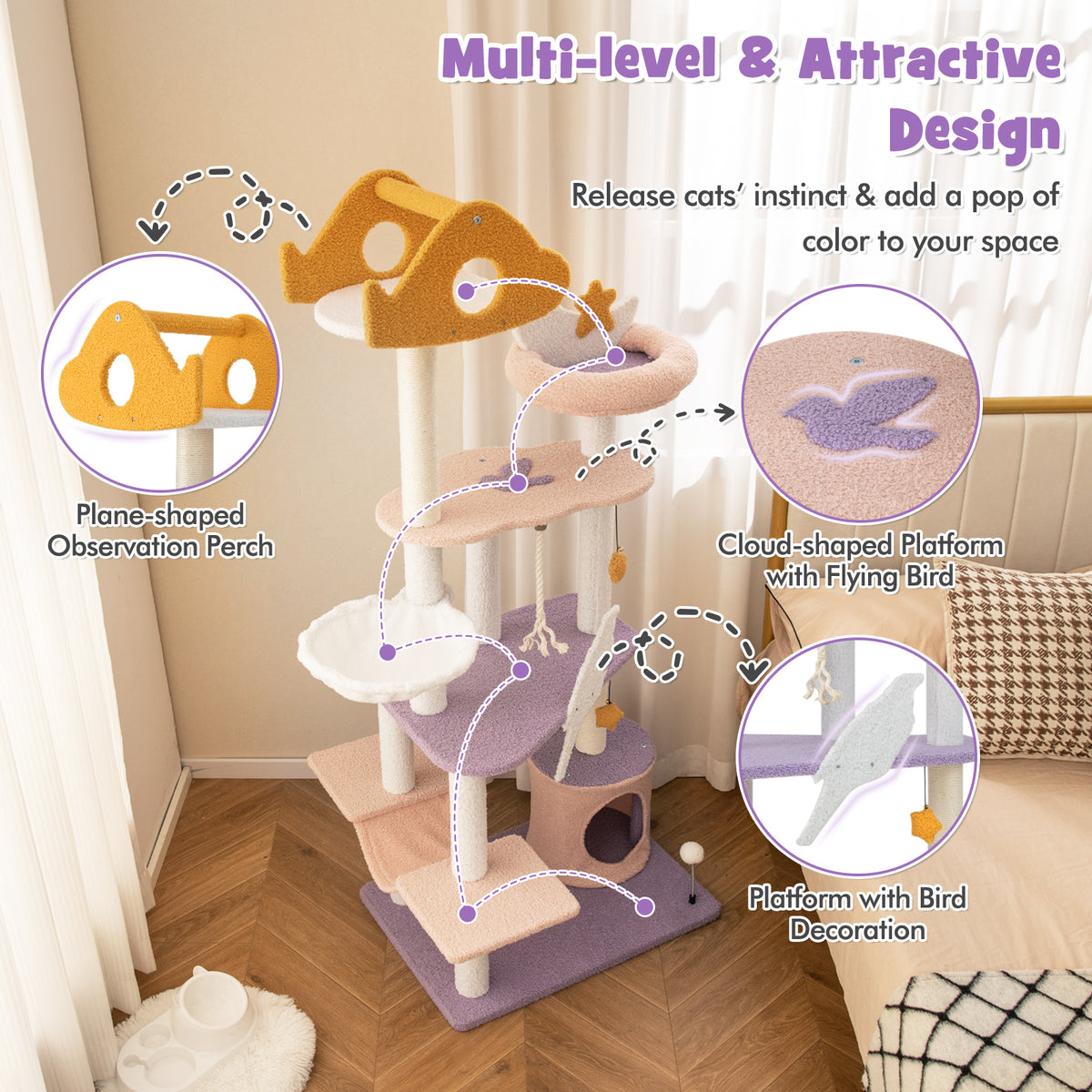 66-Inch Tall Cat Tree Tower with Sisal Scratching Posts - Purple